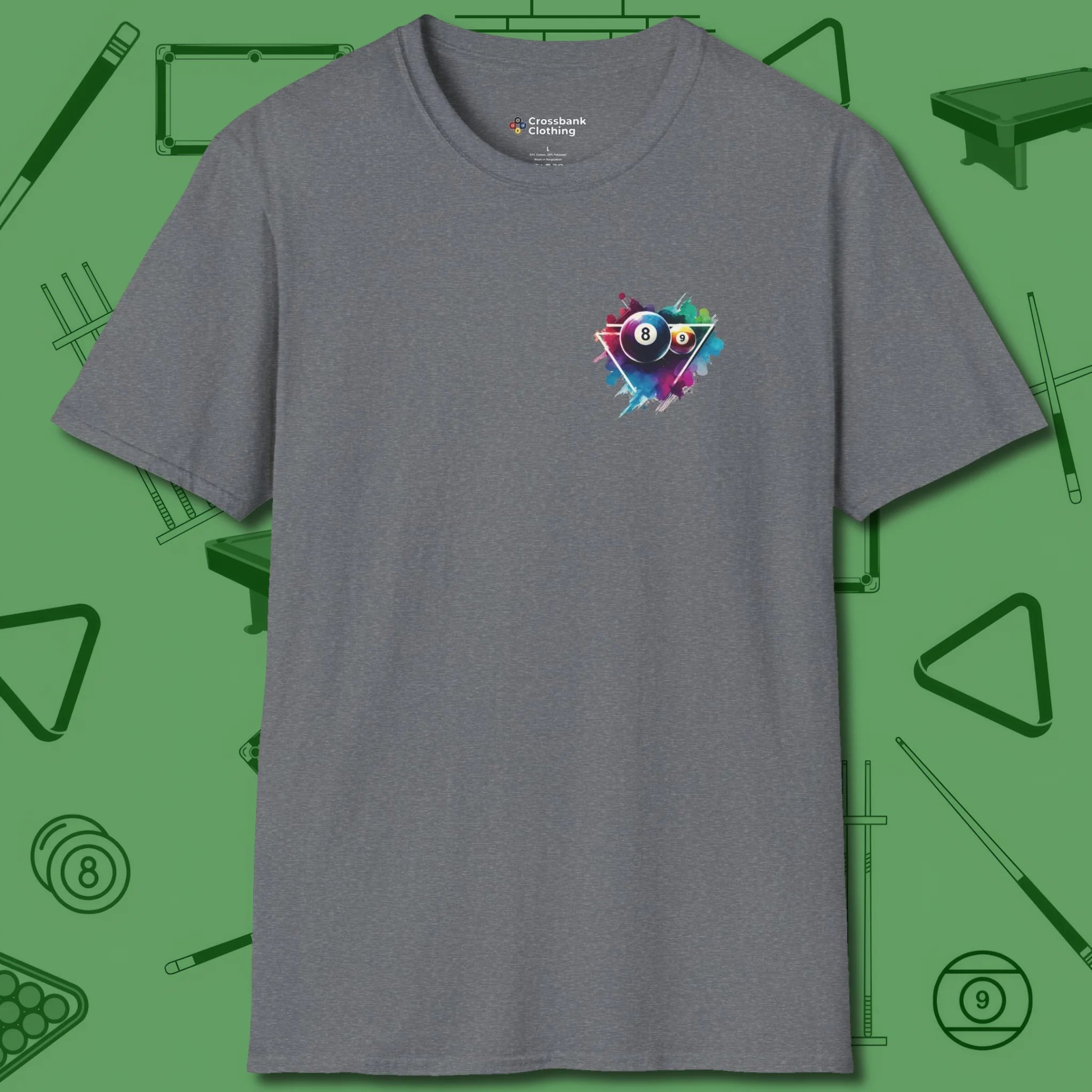Lady Shooter Majesty T-Shirt, front view, in Graphite Heather cue ball control