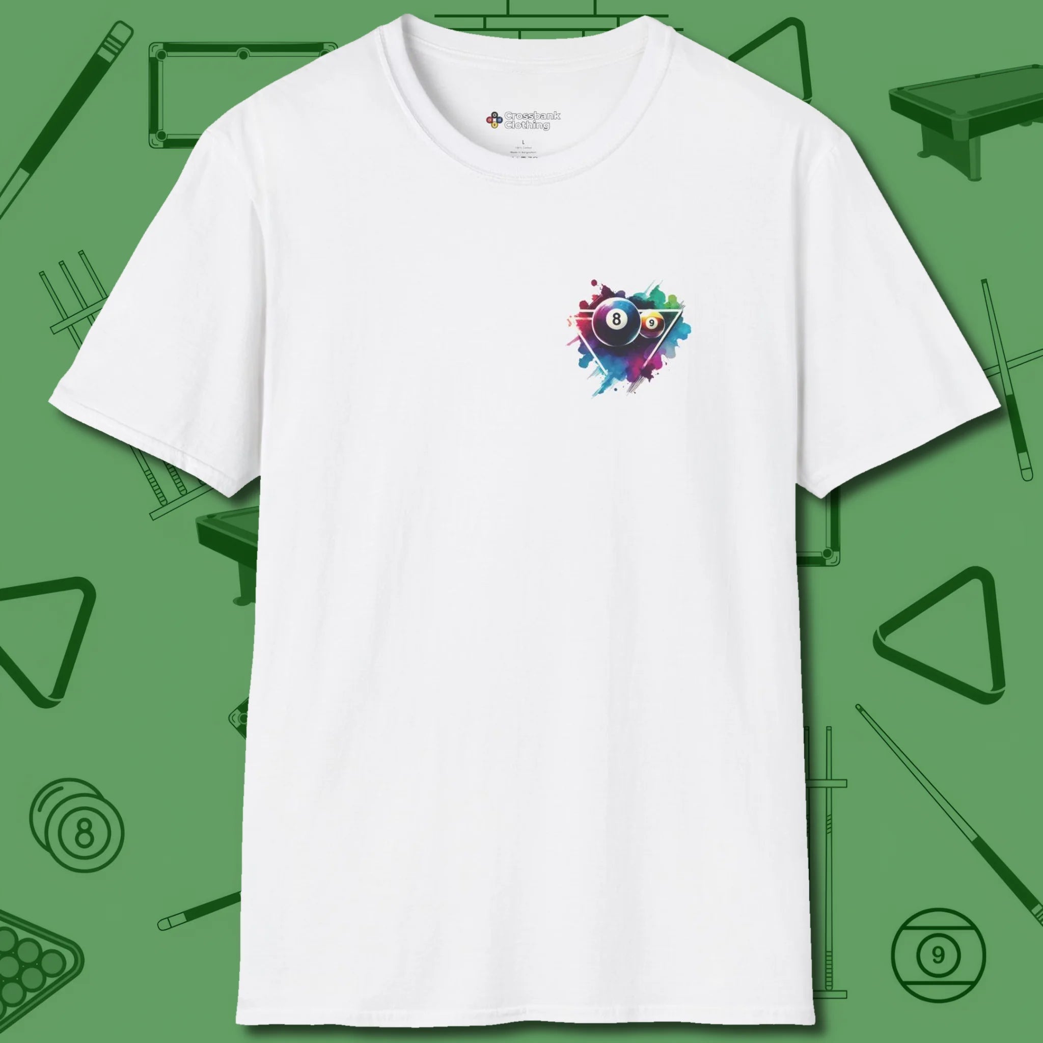 Lady Shooter Majesty T-Shirt, front view, in White classic 8-ball poise