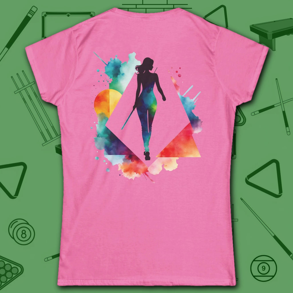 Lady Shooter Majesty Women's Cut Tee, in Azalea color, billiards shirt, back view