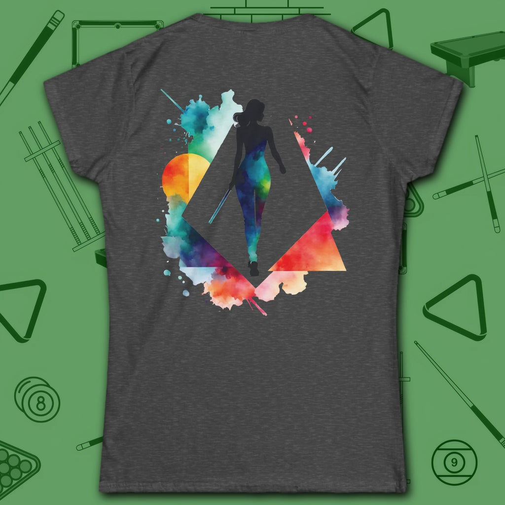 Lady Shooter Majesty Women's Cut Tee, in Dark Heather color, billiards shirt, back view