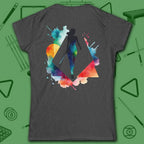 Lady Shooter Majesty Women's Cut Tee, in Dark Heather color, billiards shirt, back view