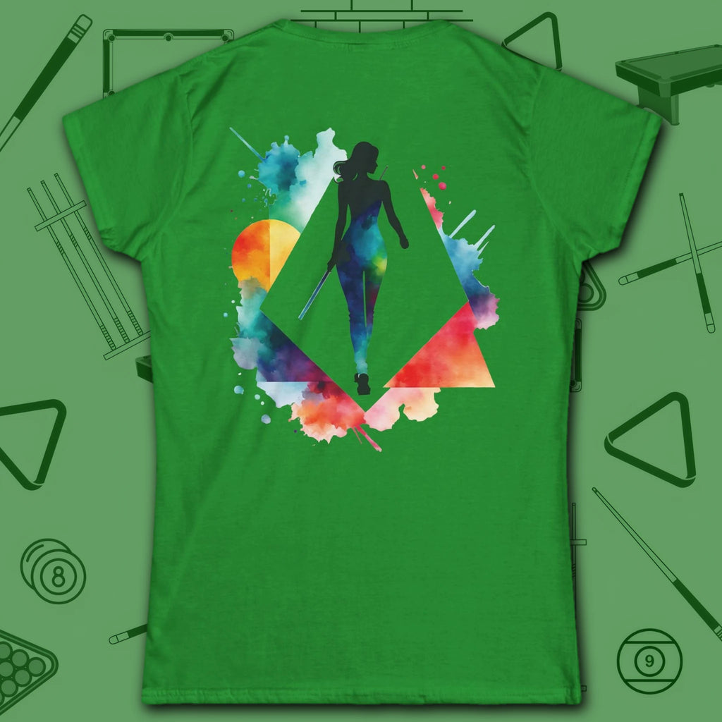 Lady Shooter Majesty Women's Cut Tee, in Irish Green color, billiards shirt, back view
