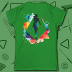 Lady Shooter Majesty Women's Cut Tee, in Irish Green color, billiards shirt, back view