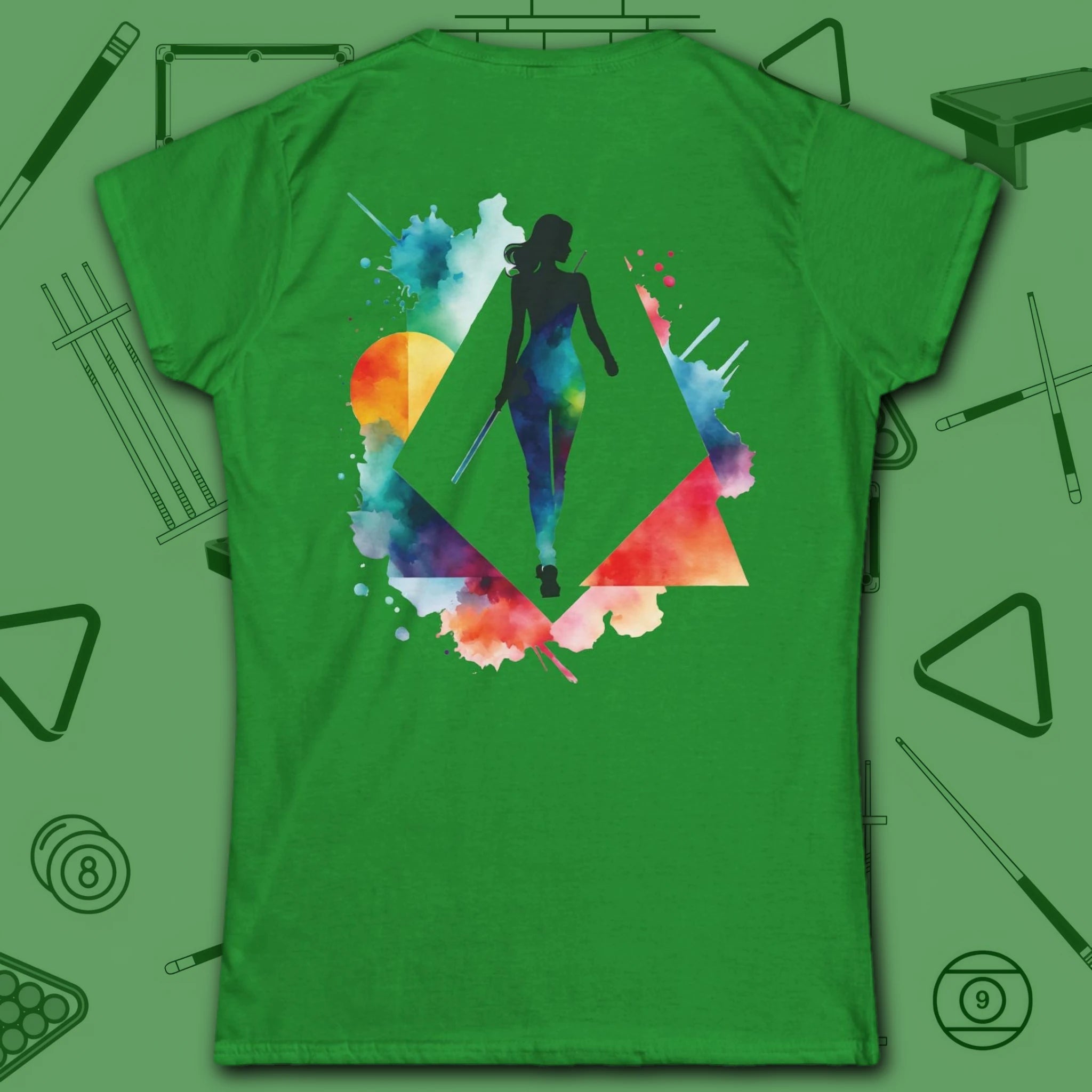 Lady Shooter Majesty Women's Cut Tee, in Irish Green color, billiards shirt, back view