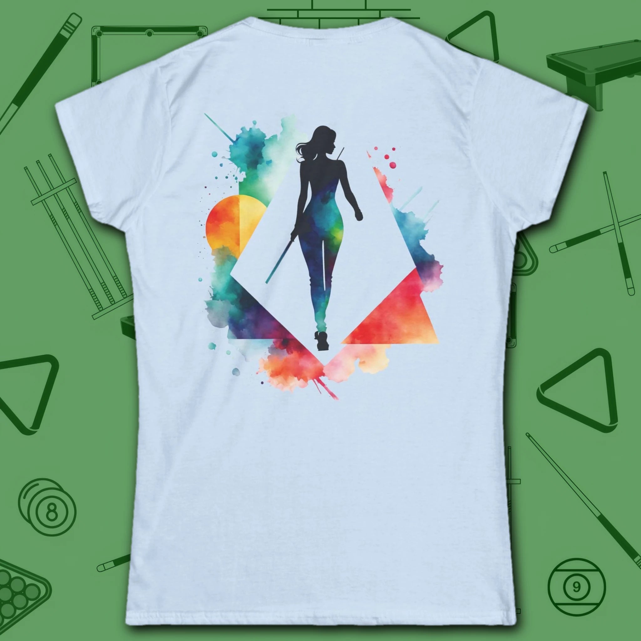 Lady Shooter Majesty Women's Cut Tee, in Light Blue color, billiards shirt, back view