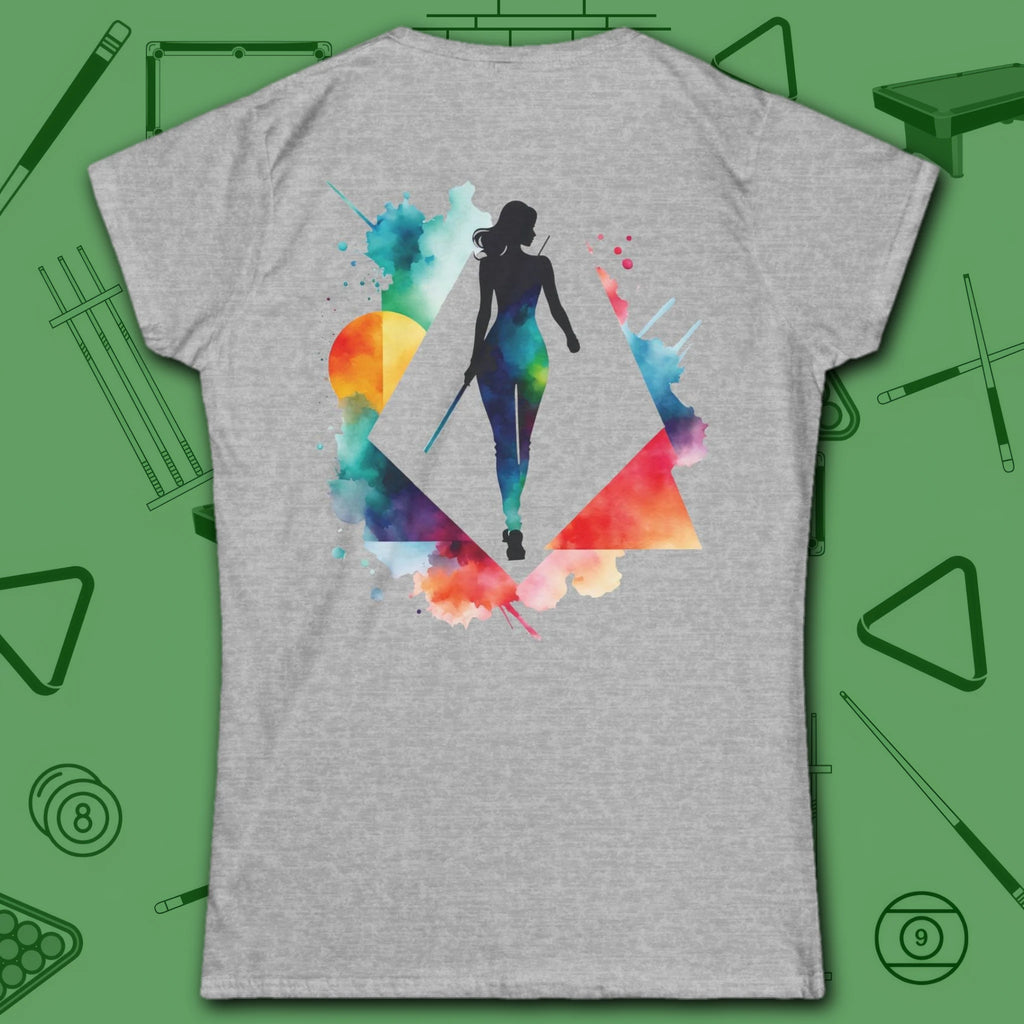 Lady Shooter Majesty Women's Cut Tee, in Sport Grey color, billiards shirt, back view