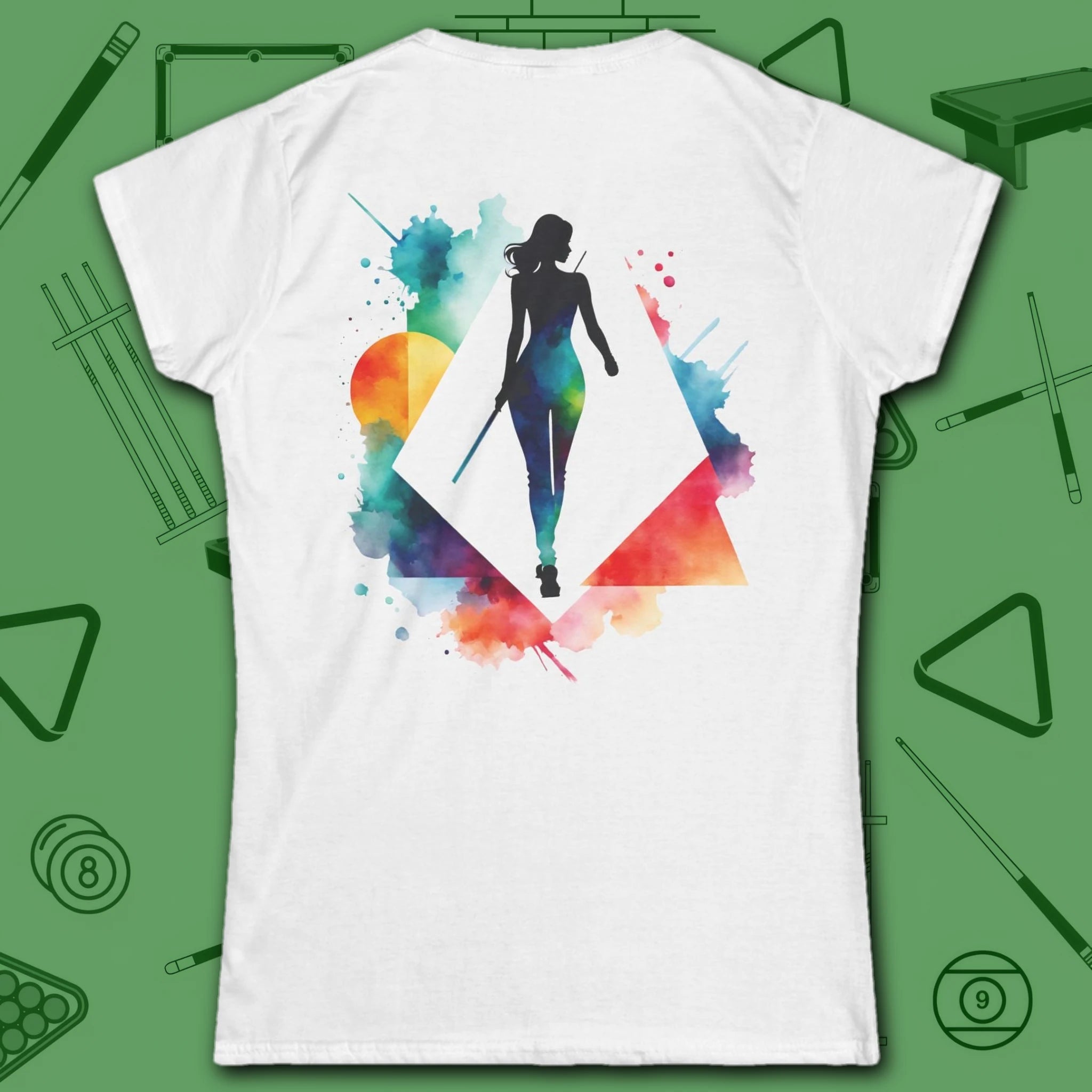 Lady Shooter Majesty Women's Cut Tee, in White color, billiards shirt, back view