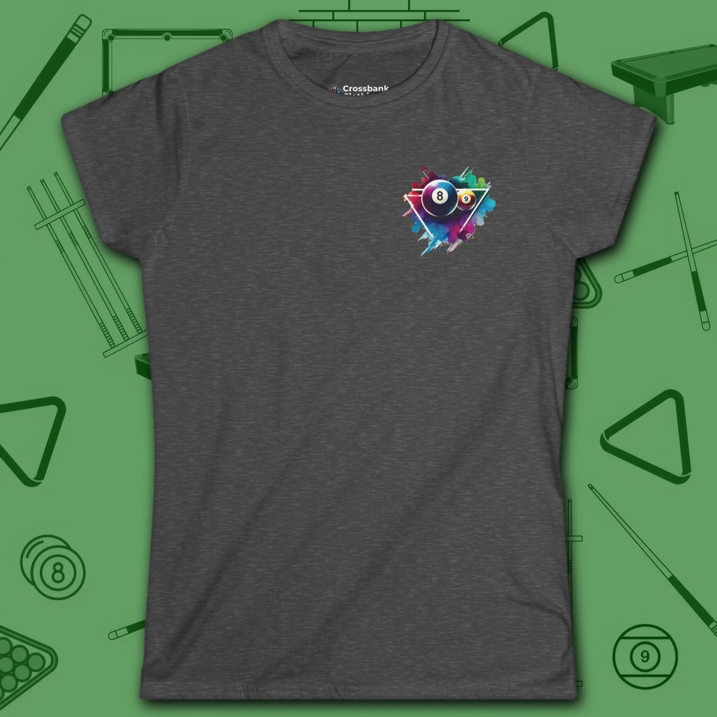 Lady Shooter Majesty Women's Cut Tee, in Dark Heather color, billiards shirt, front view
