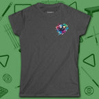 Lady Shooter Majesty Women's Cut Tee, in Dark Heather color, billiards shirt, front view