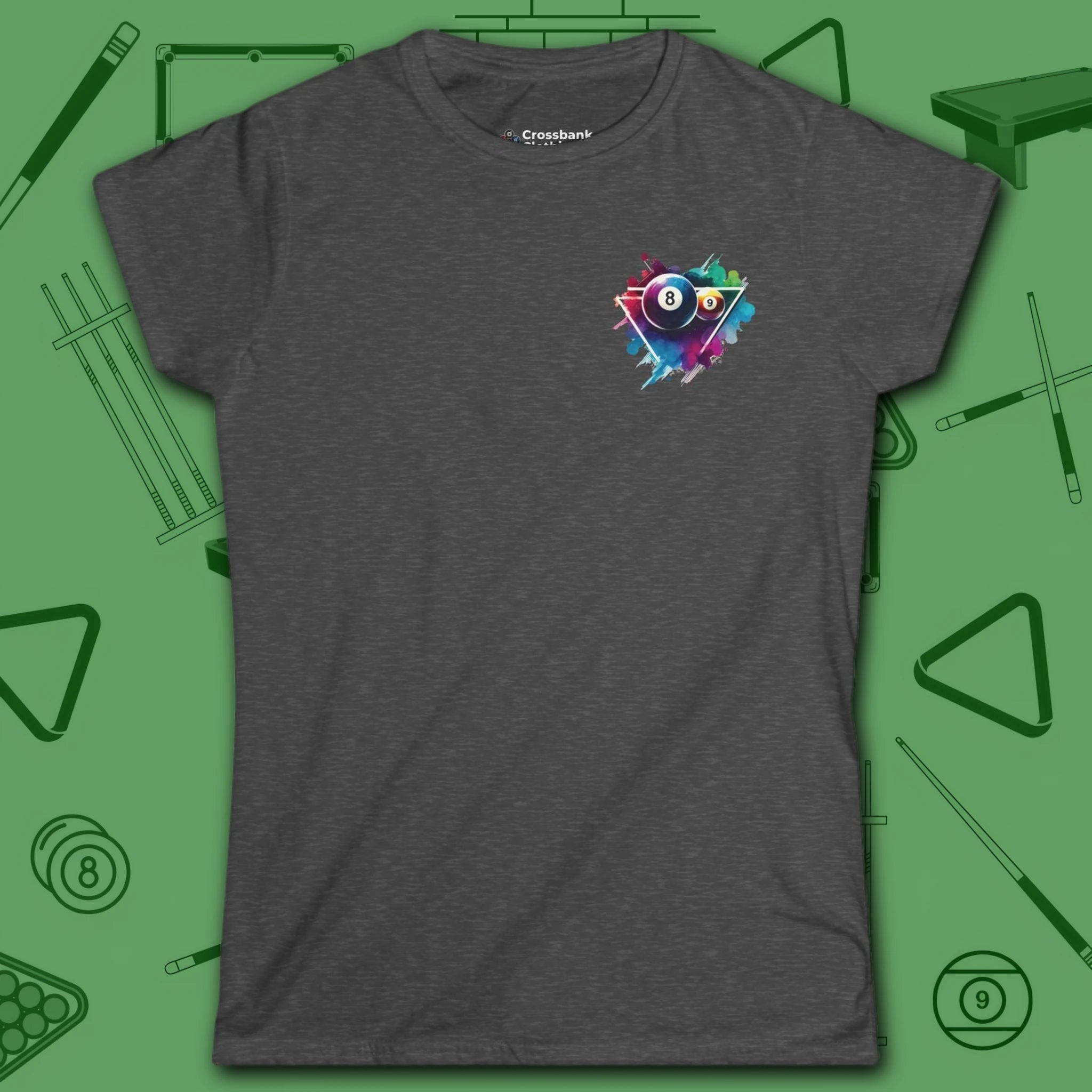 Lady Shooter Majesty Women's Cut Tee, in Dark Heather color, billiards shirt, front view
