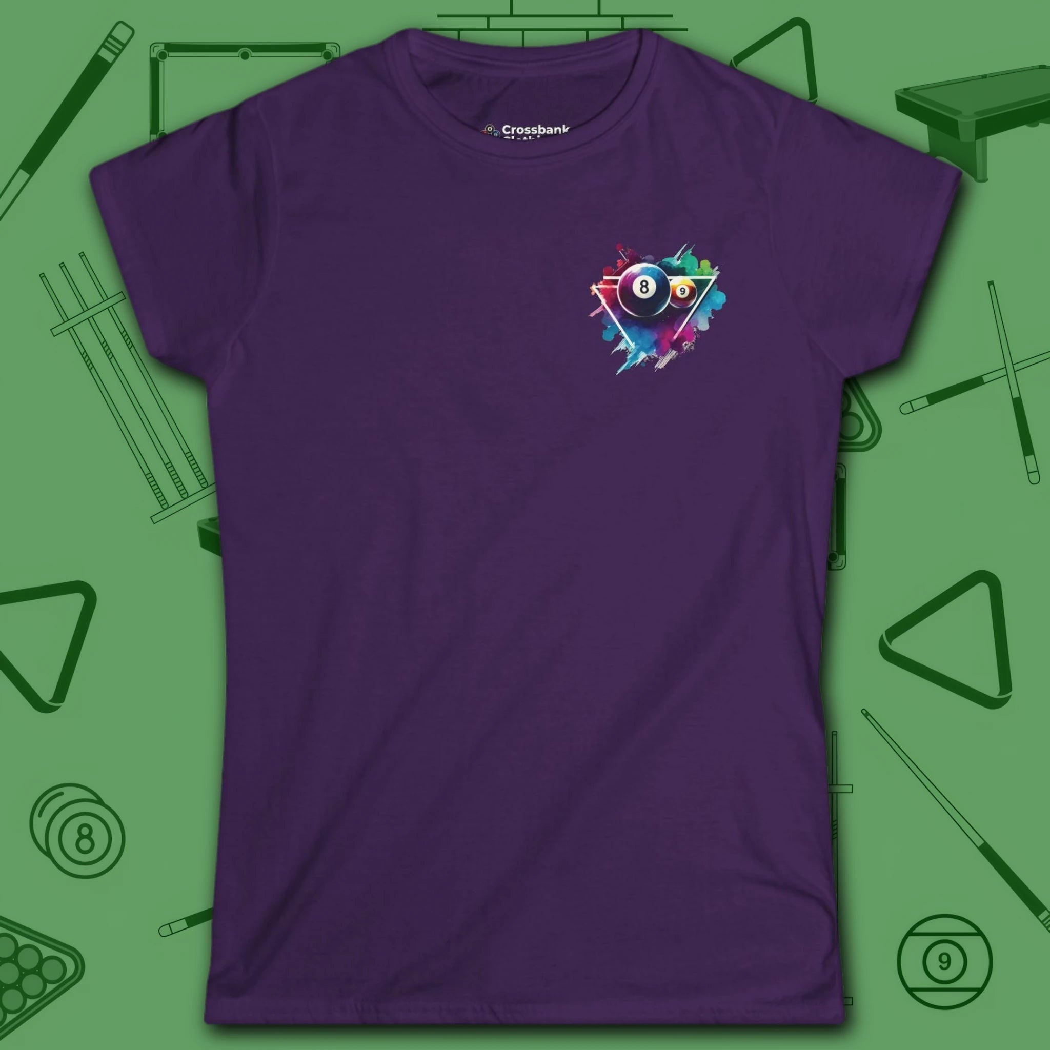 Lady Shooter Majesty Women's Cut Tee, in Purple color, billiards shirt, front view