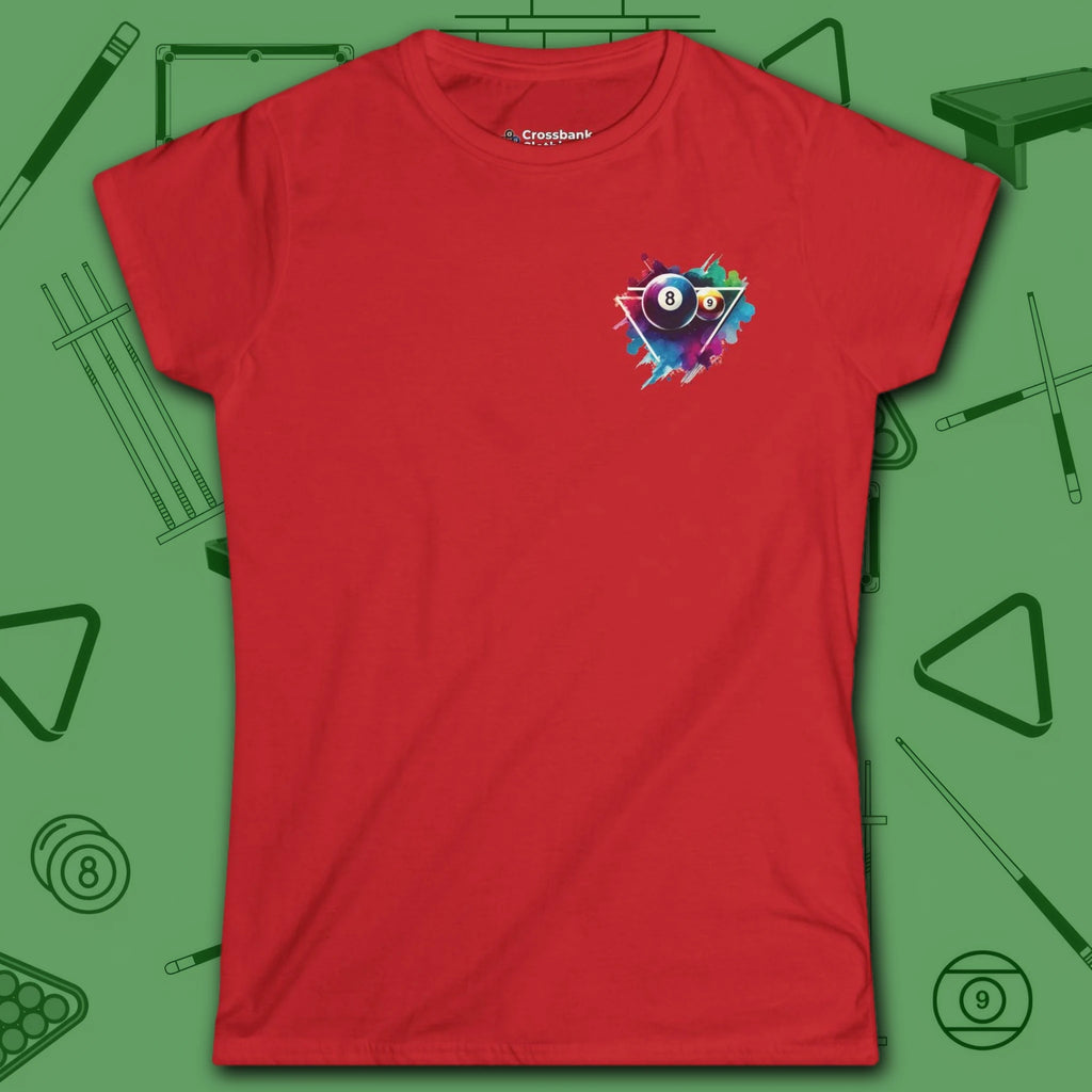 Lady Shooter Majesty Women's Cut Tee, in Red color, billiards shirt, front view