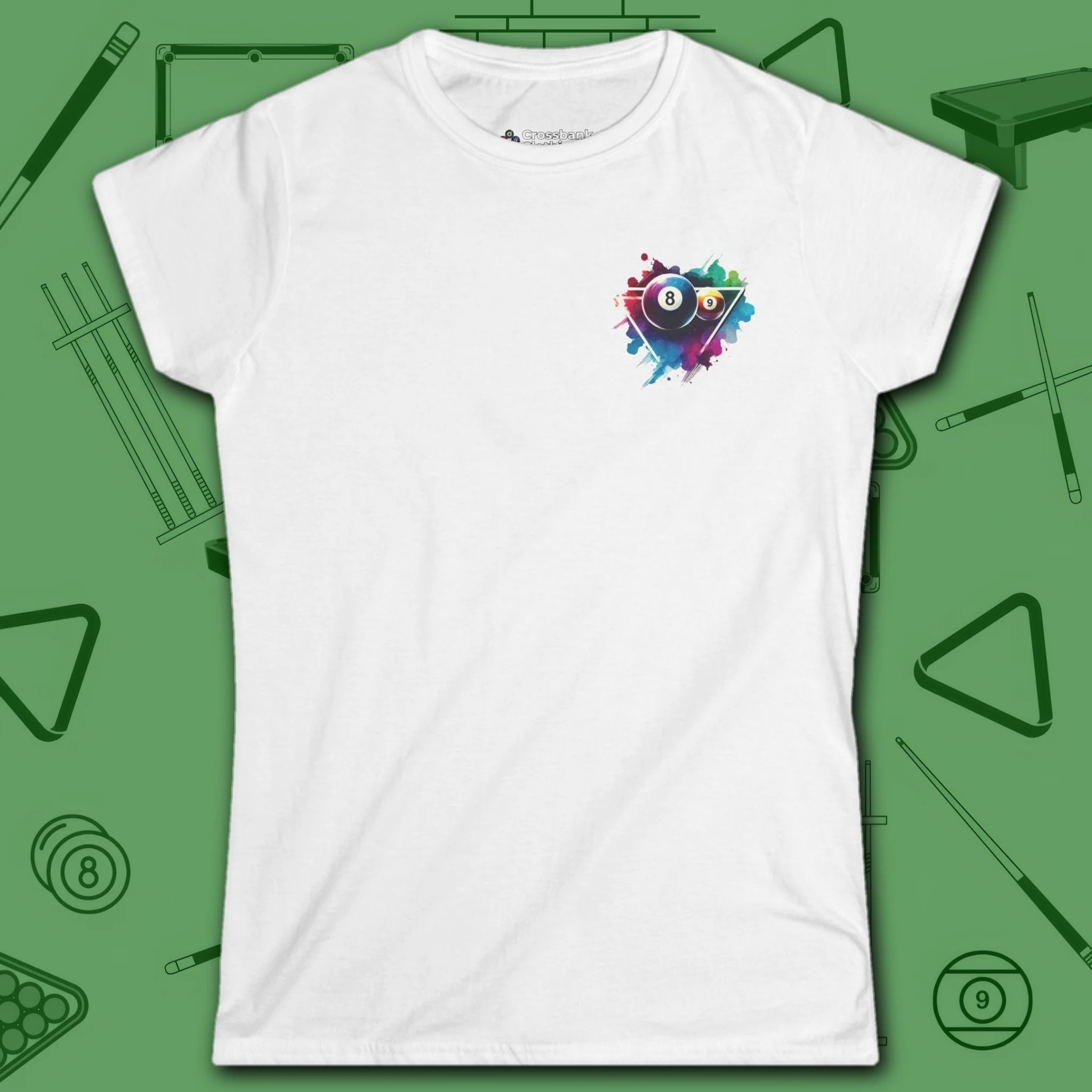 Lady Shooter Majesty Women's Cut Tee, in White color, billiards shirt, front view