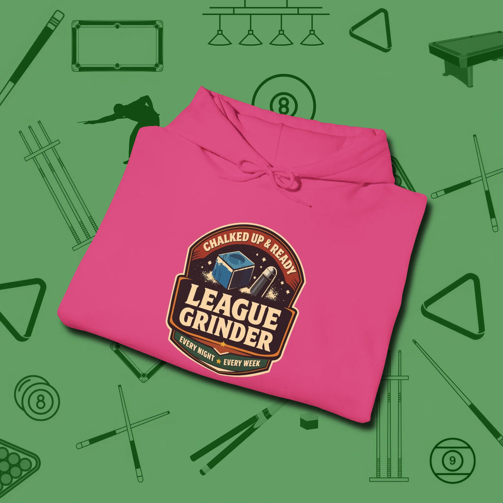 League Grinder Hoodie, folded view, in Heliconia precise, confident, always in control