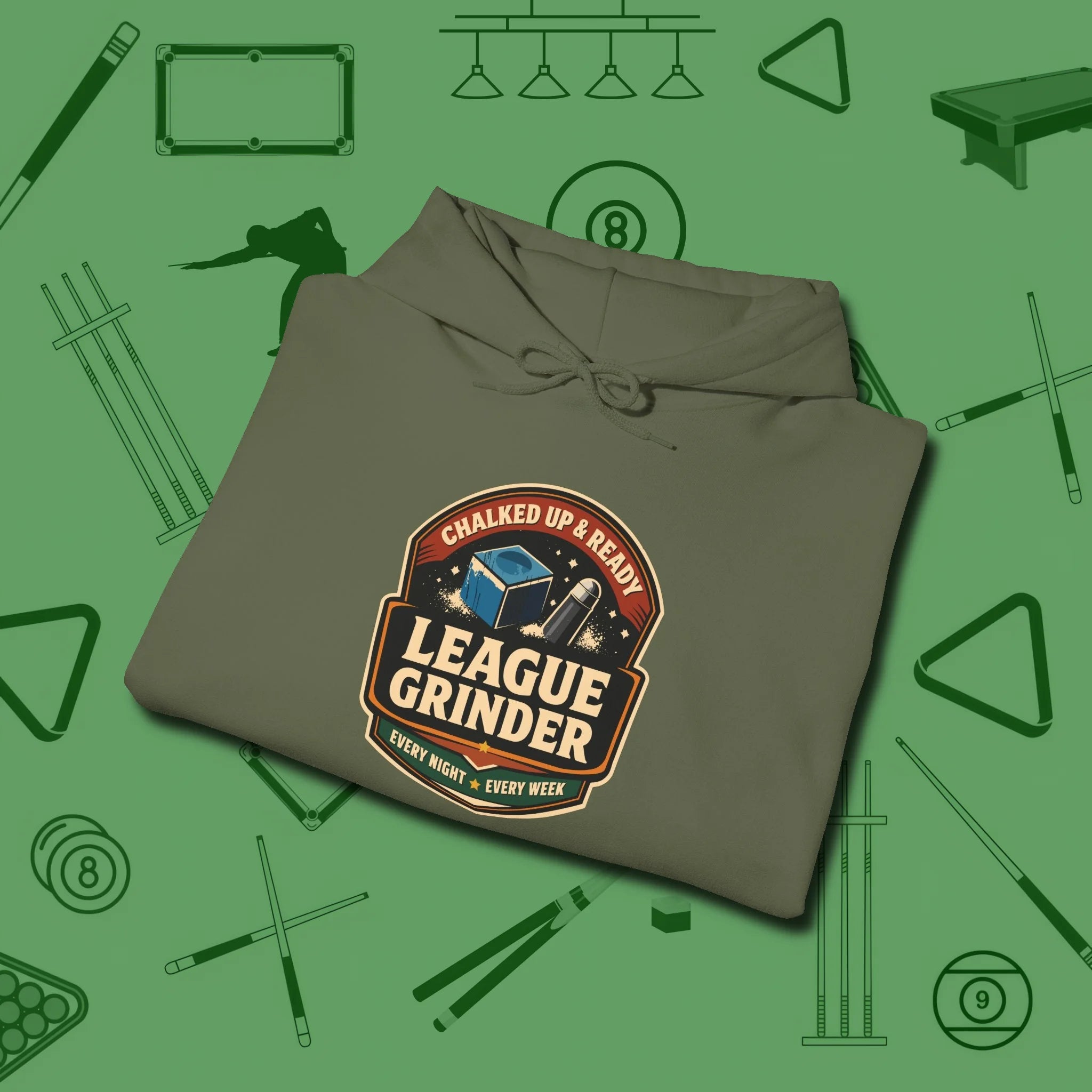 League Grinder Hoodie, folded view, in Military Green built for bold breaks and quiet confidence
