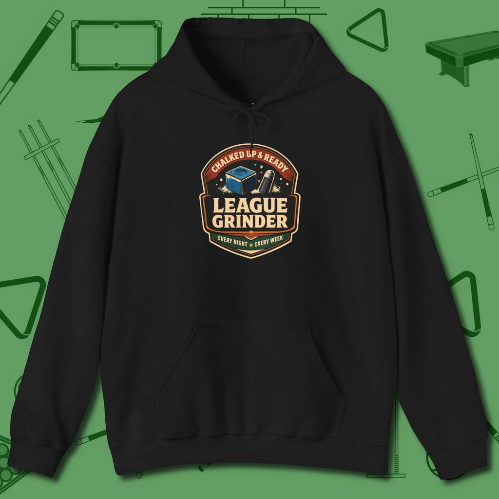 League Grinder Hoodie, front view, in Black cool enough for a corner pocket finish