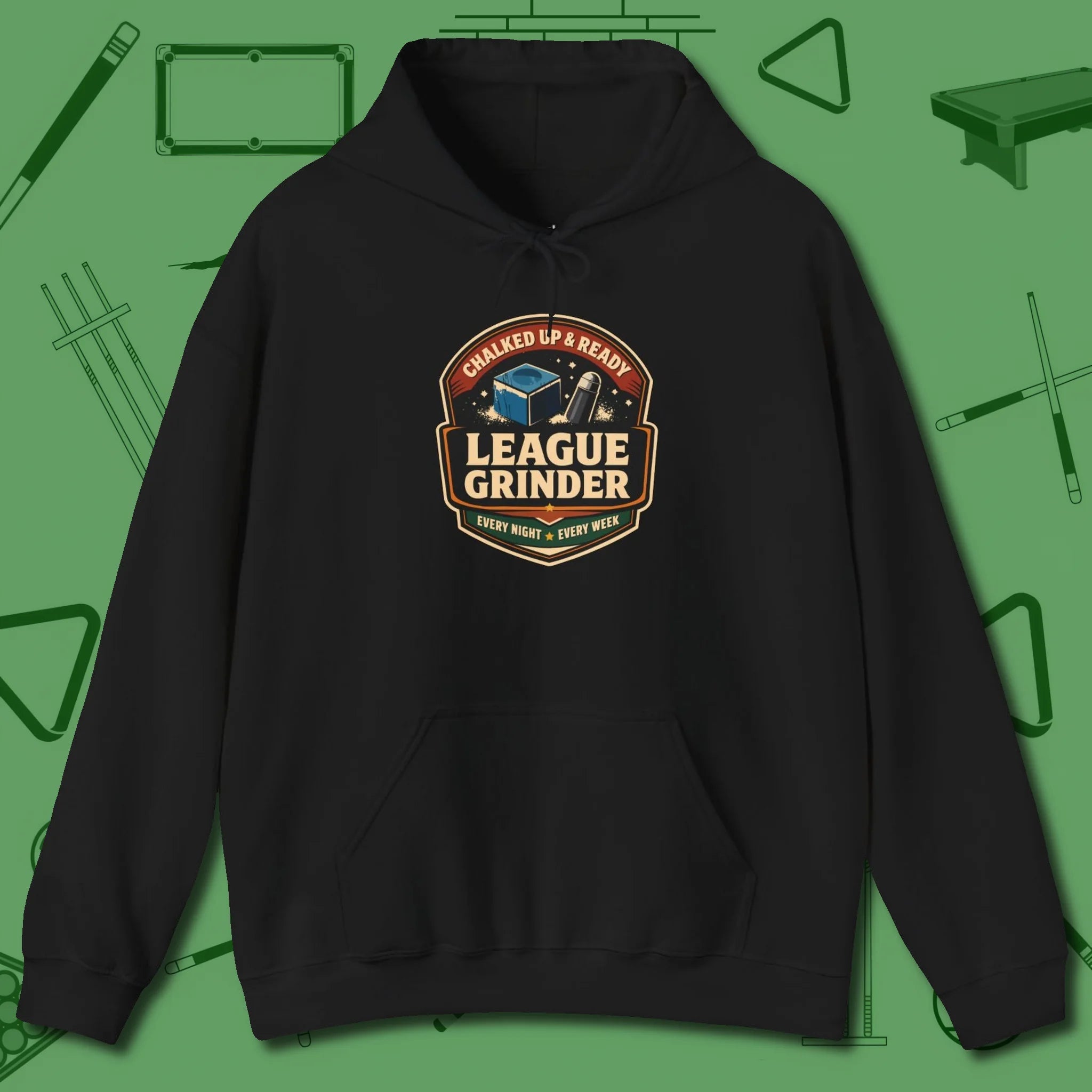 League Grinder Hoodie, front view, in Black cool enough for a corner pocket finish