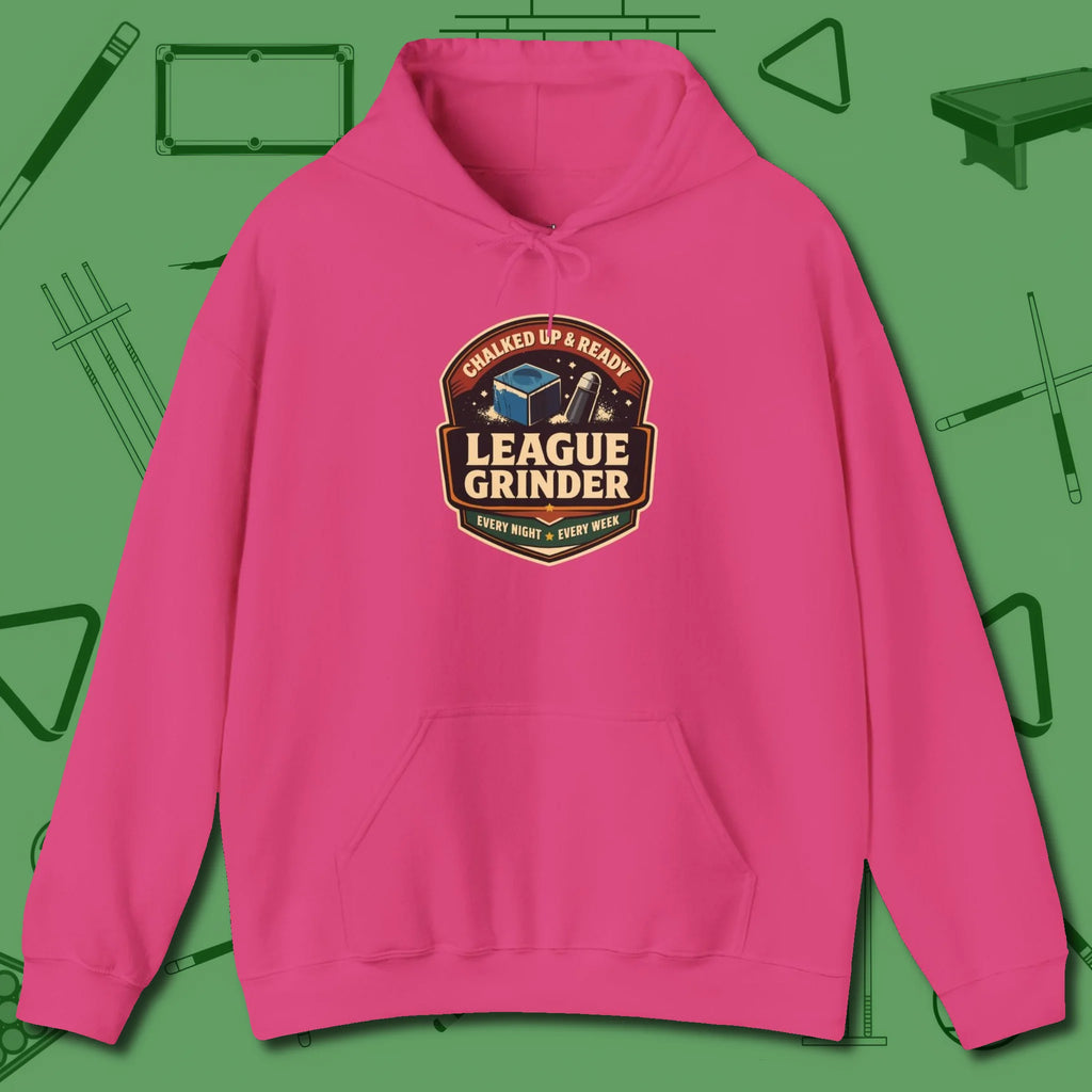League Grinder Hoodie, front view, in Heliconia for shooters who dress like they play: sharp