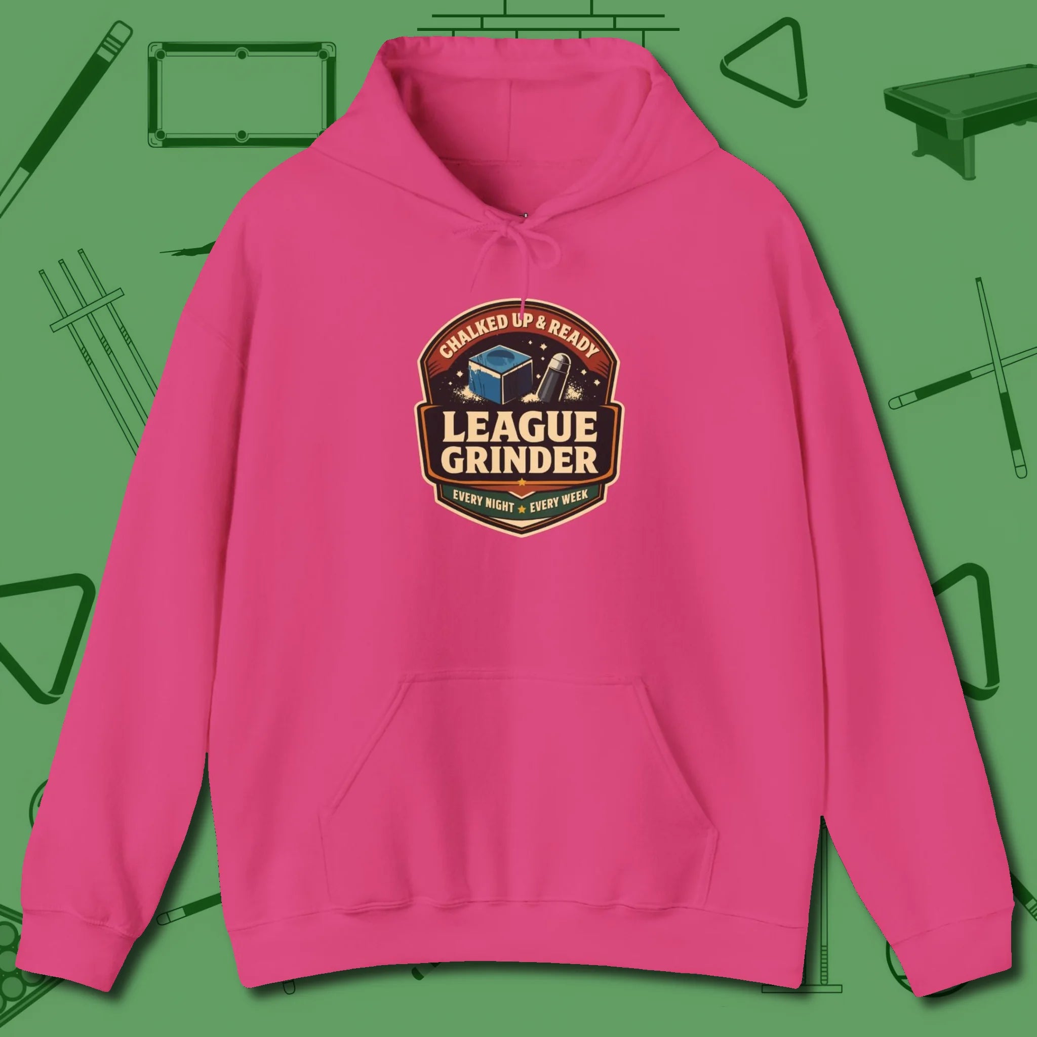 League Grinder Hoodie, front view, in Heliconia for shooters who dress like they play: sharp