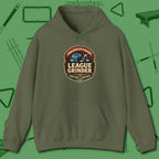 League Grinder Hoodie, front view, in Military Green poolroom style with tournament attitude