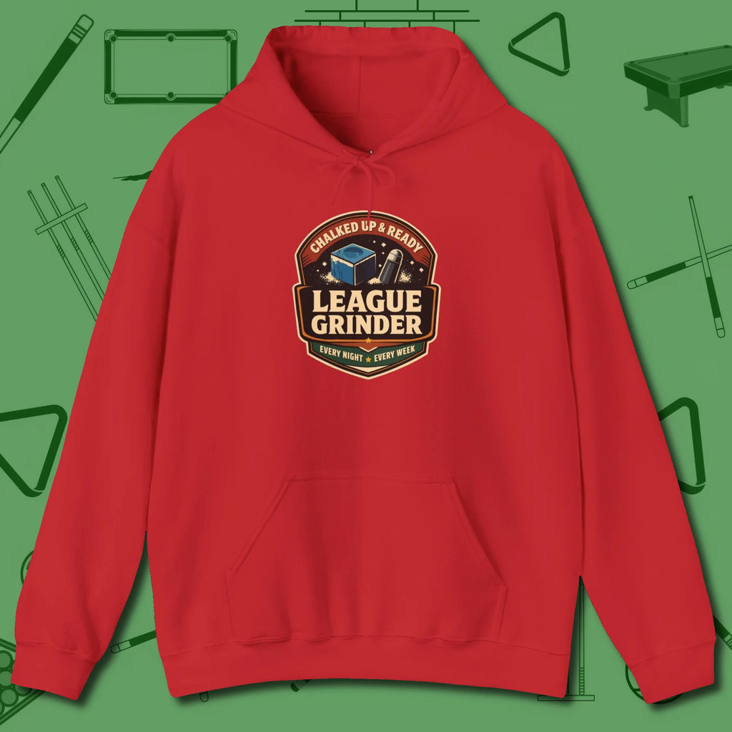 League Grinder Hoodie, front view, in Red earns respect before the first shot