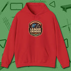 League Grinder Hoodie, front view, in Red earns respect before the first shot