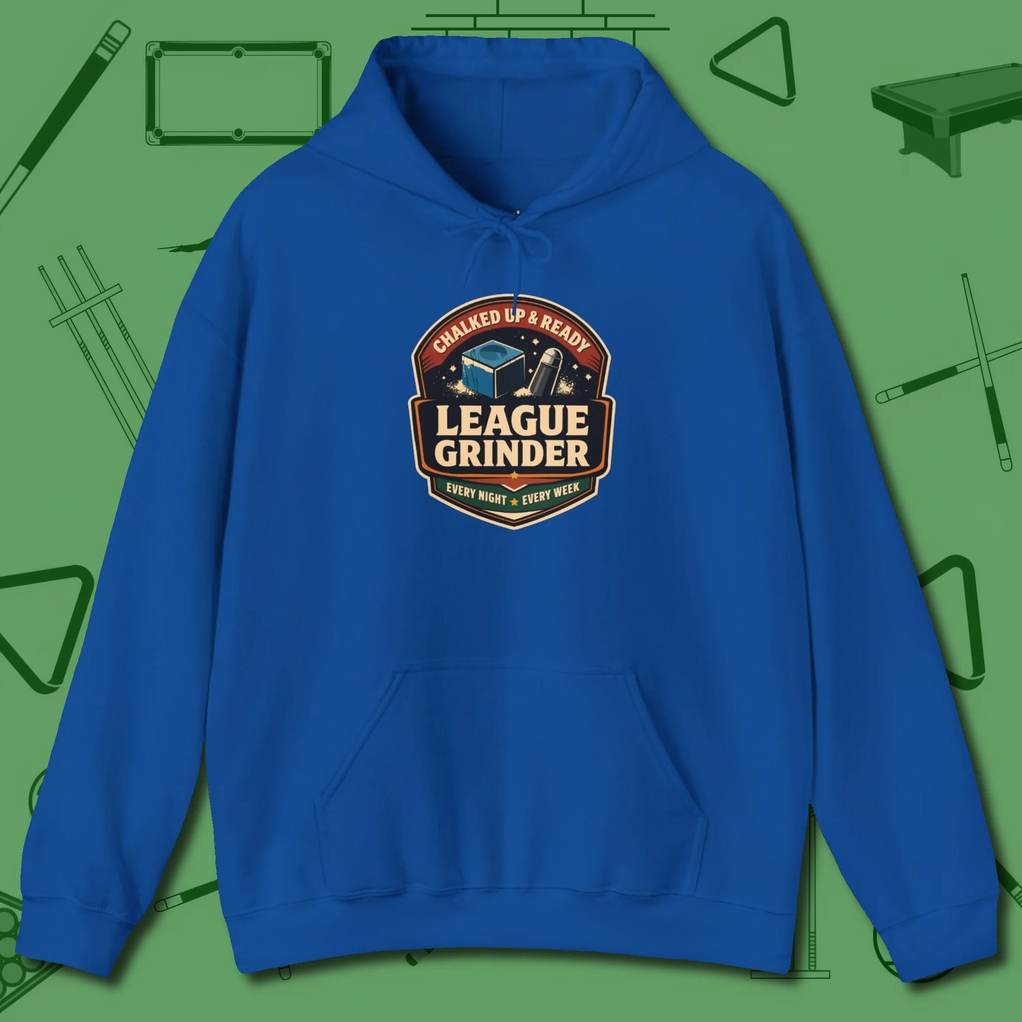 League Grinder Hoodie, front view, in Royal put your best game on display
