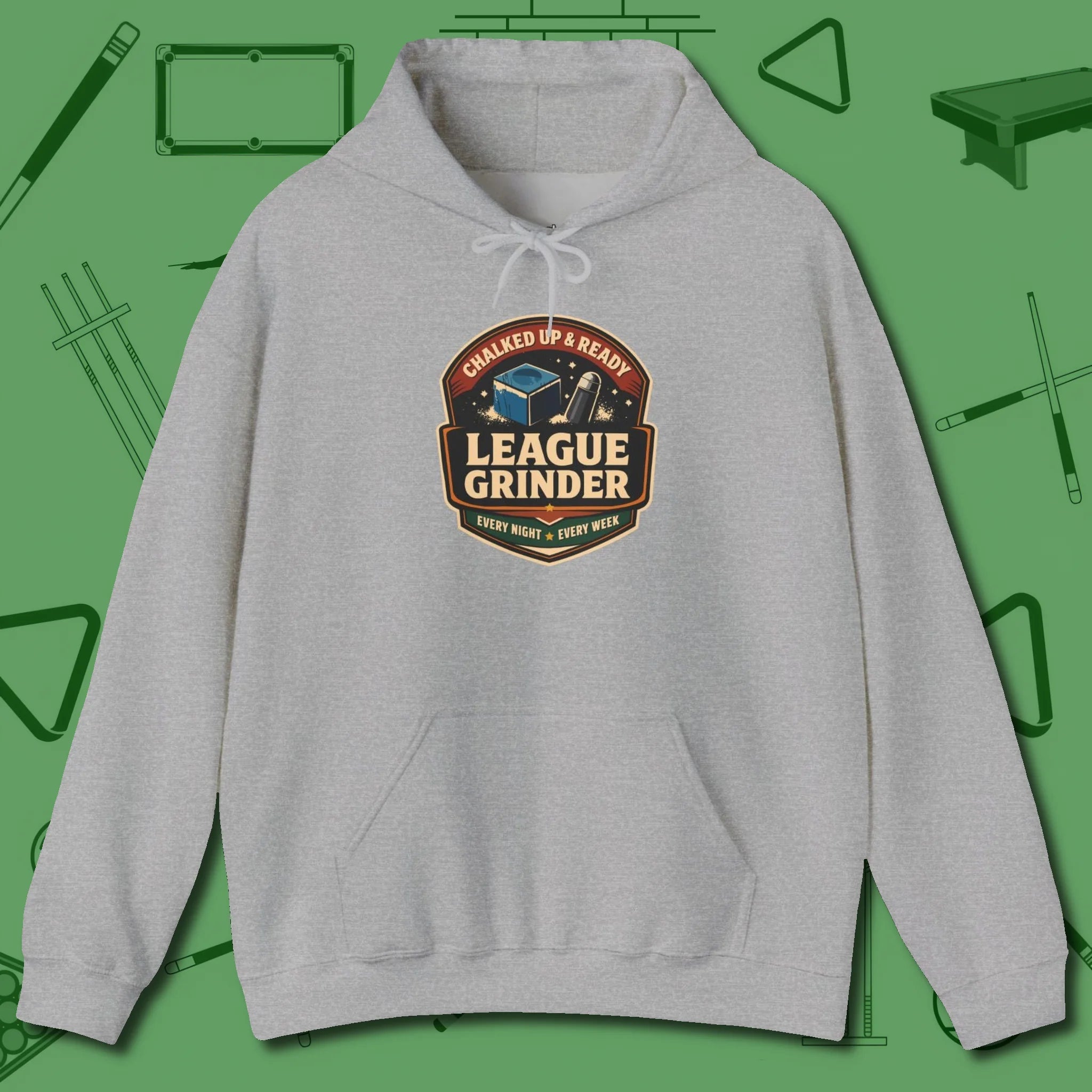League Grinder Hoodie, front view, in Sport Grey cool under pressure, hot on the eyes