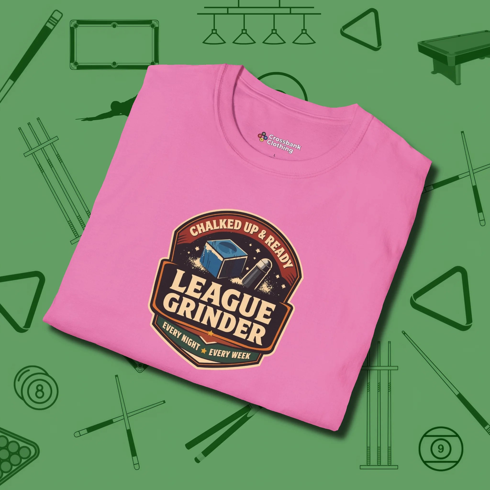 League Grinder T-Shirt, folded view, in Azalea smart apparel for strategic players