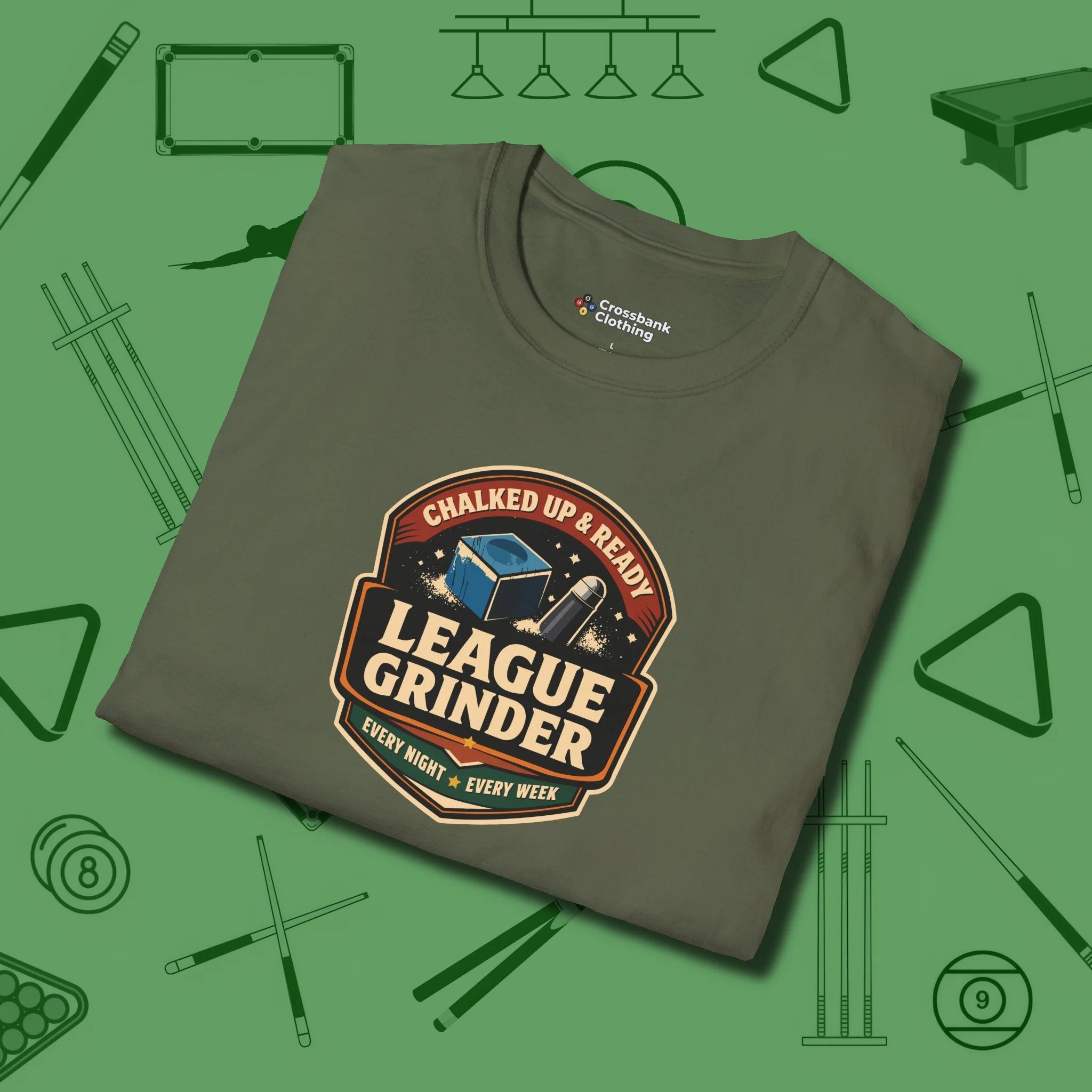 League Grinder T-Shirt, folded view, in Military Green for shooters who dress like they play: sharp