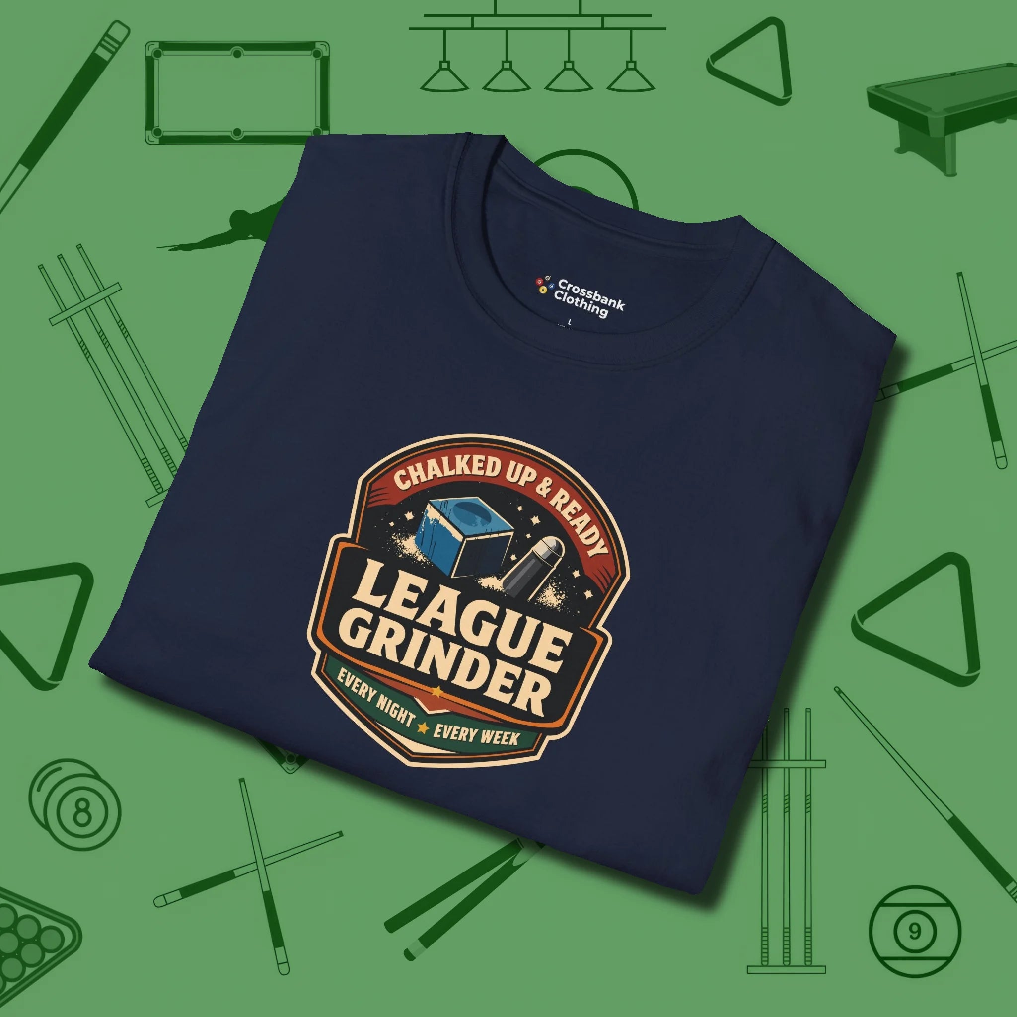 League Grinder T-Shirt, folded view, in Navy break, run out, turn heads — repeat
