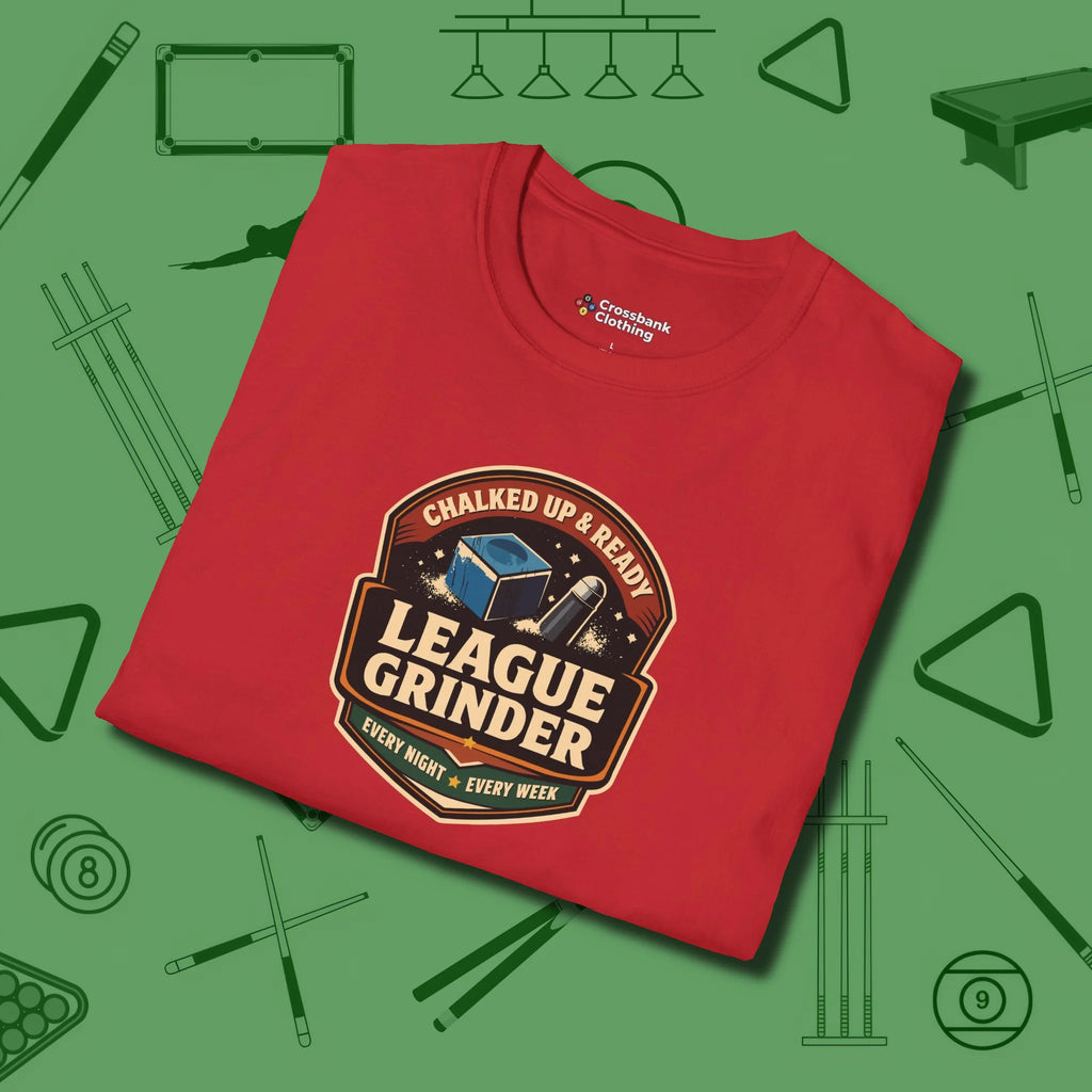League Grinder T-Shirt, folded view, in Red for shooters who dress like they play: sharp