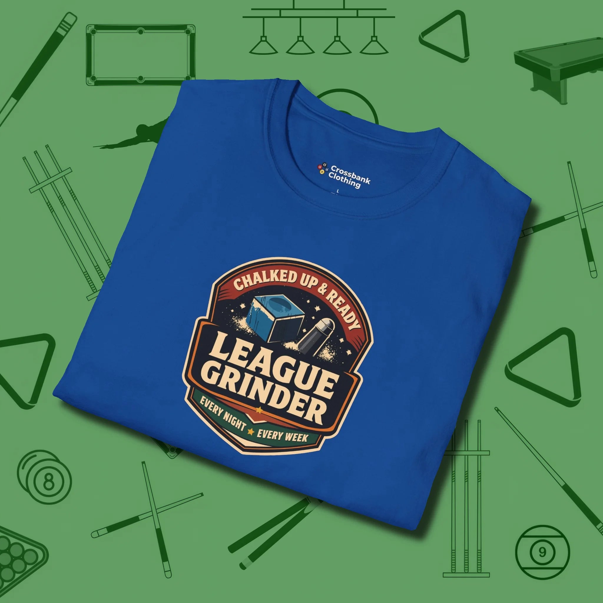 League Grinder T-Shirt, folded view, in Royal poolroom style with tournament attitude