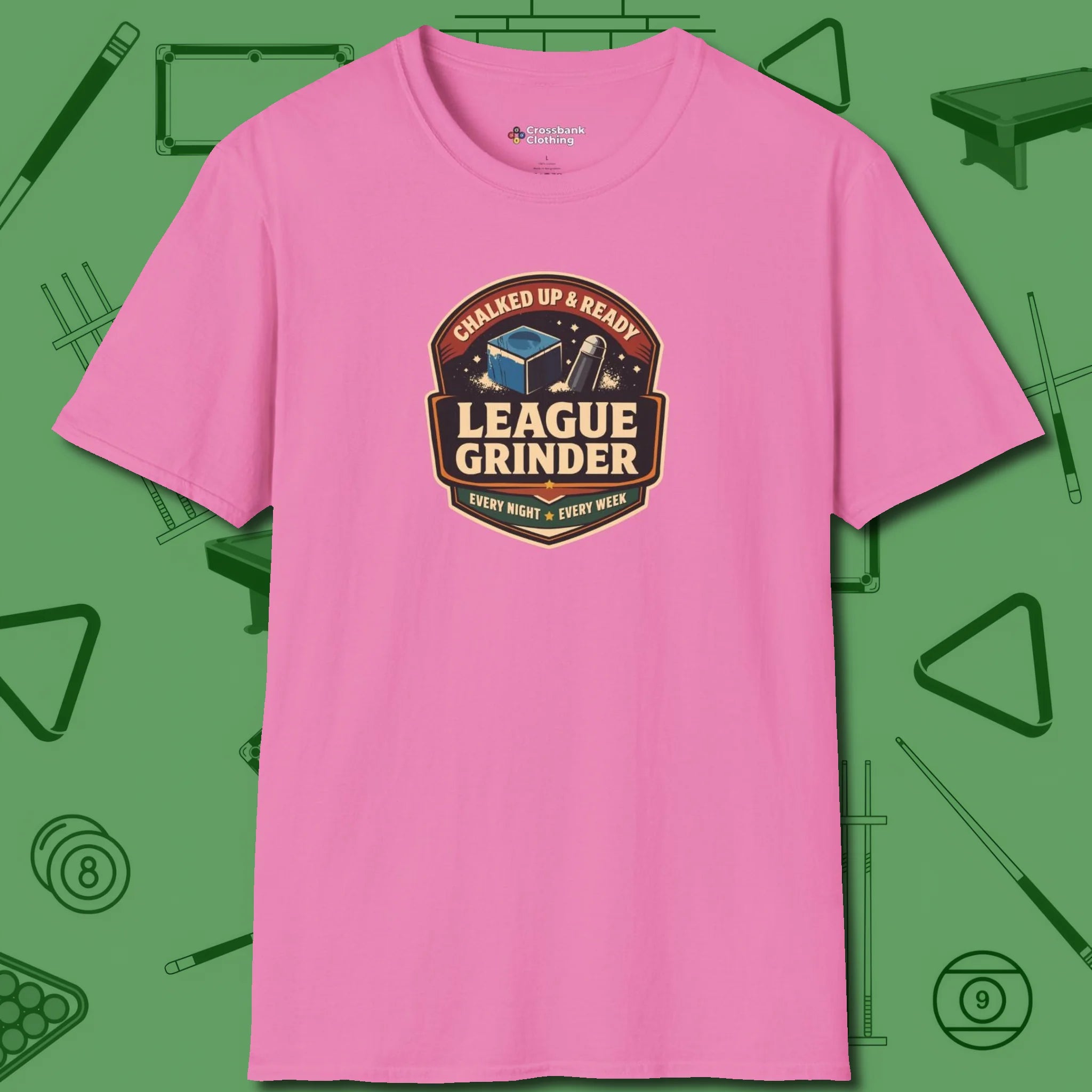 League Grinder T-Shirt, front view, in Azalea where cue control meets personal style