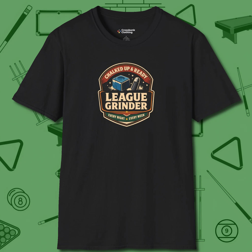 League Grinder T-Shirt, front view, in Black strike fear with swagger and precision