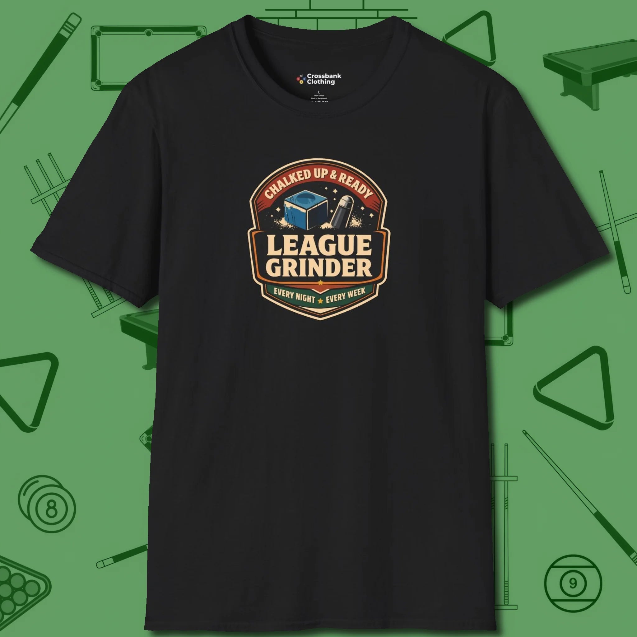League Grinder T-Shirt, front view, in Black strike fear with swagger and precision