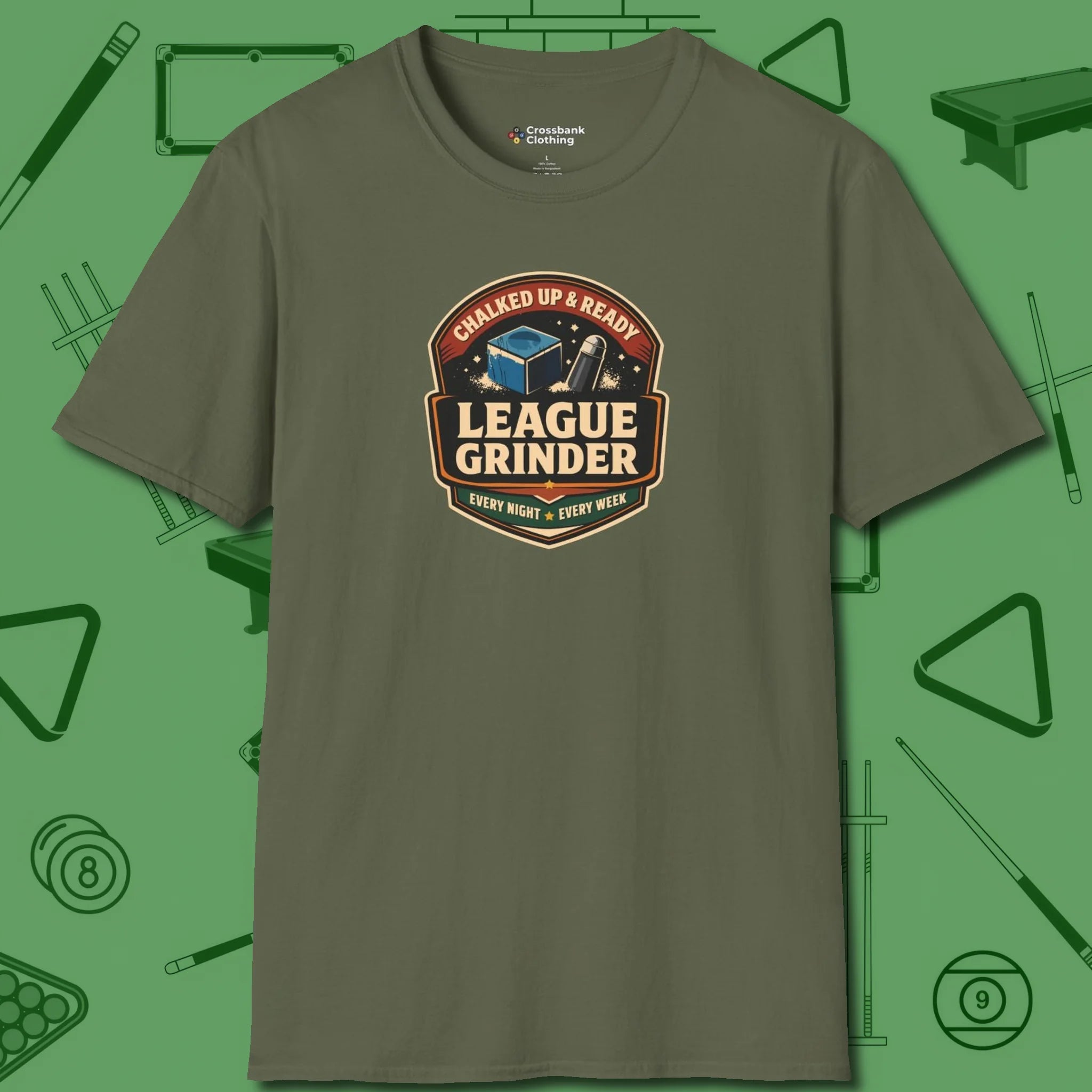 League Grinder T-Shirt, front view, in Military Green what champions wear between racks