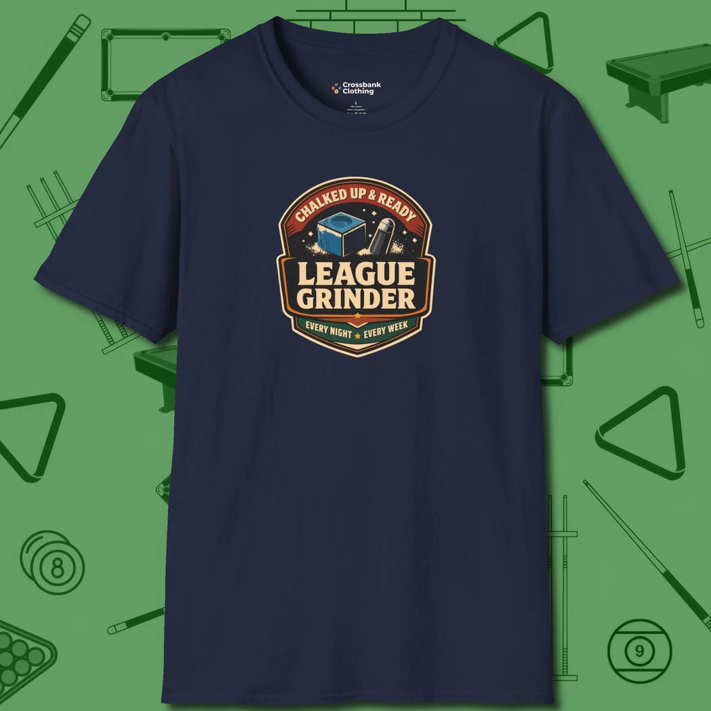 League Grinder T-Shirt, front view, in Navy because the table is your battlefield