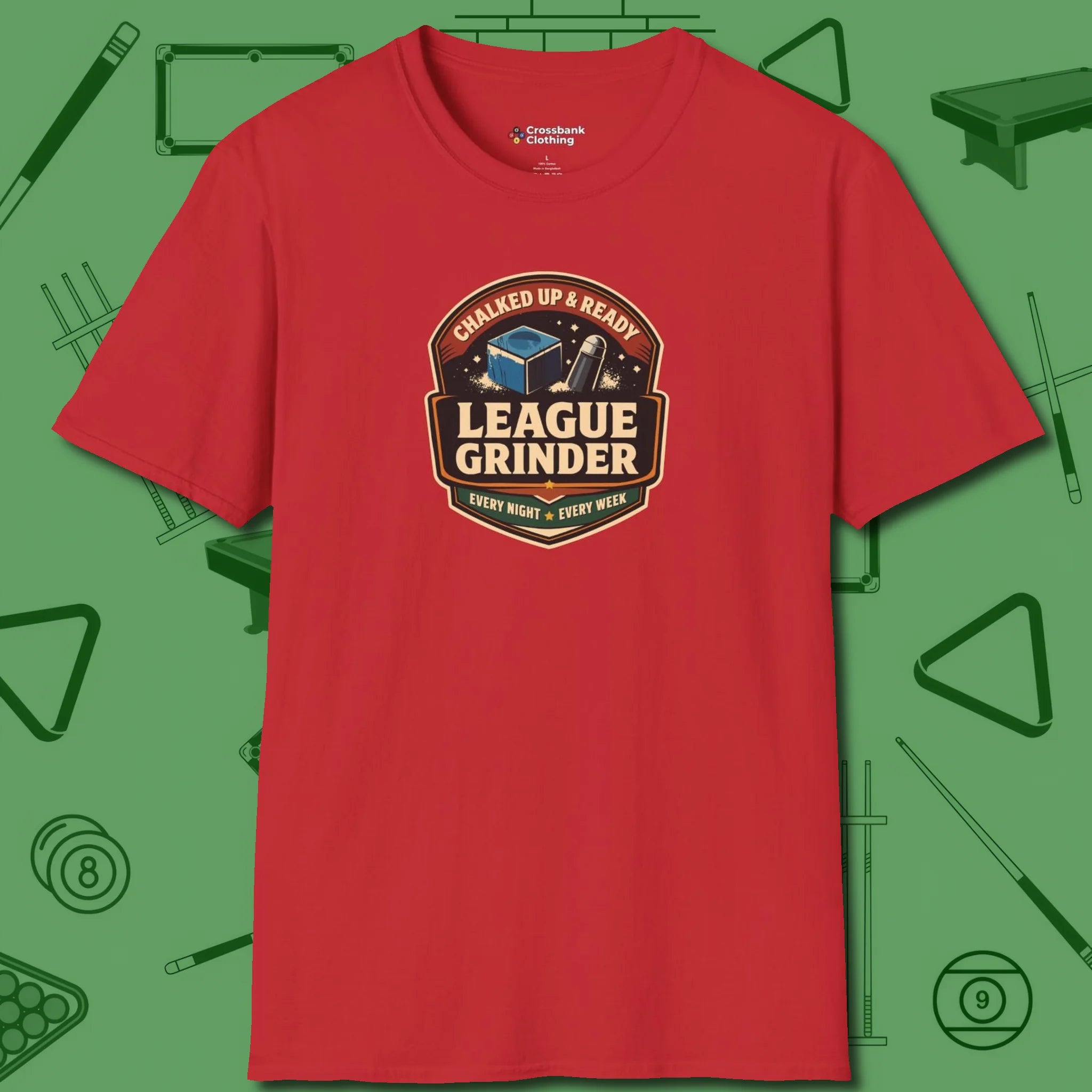 League Grinder T-Shirt, front view, in Red your go-to shirt for league night victories