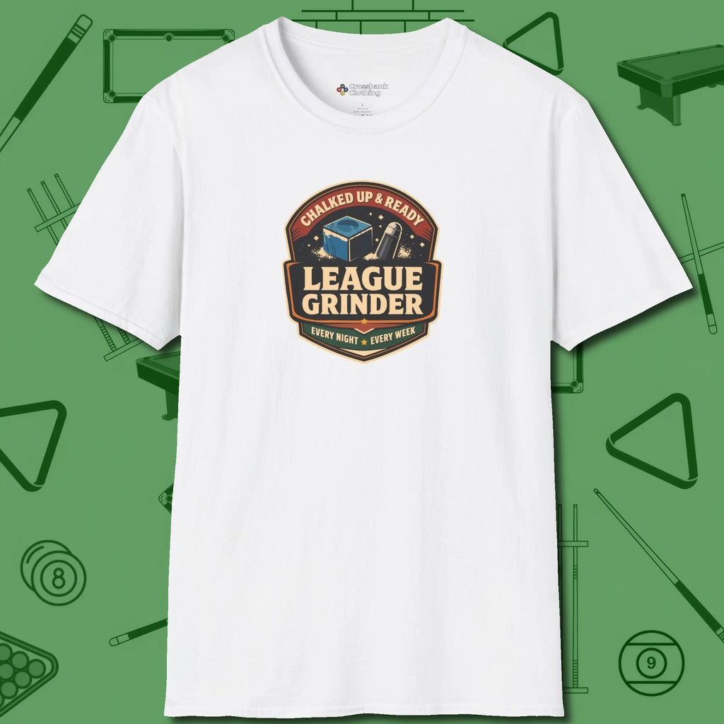 League Grinder T-Shirt, front view, in White confidence stitched in every seam
