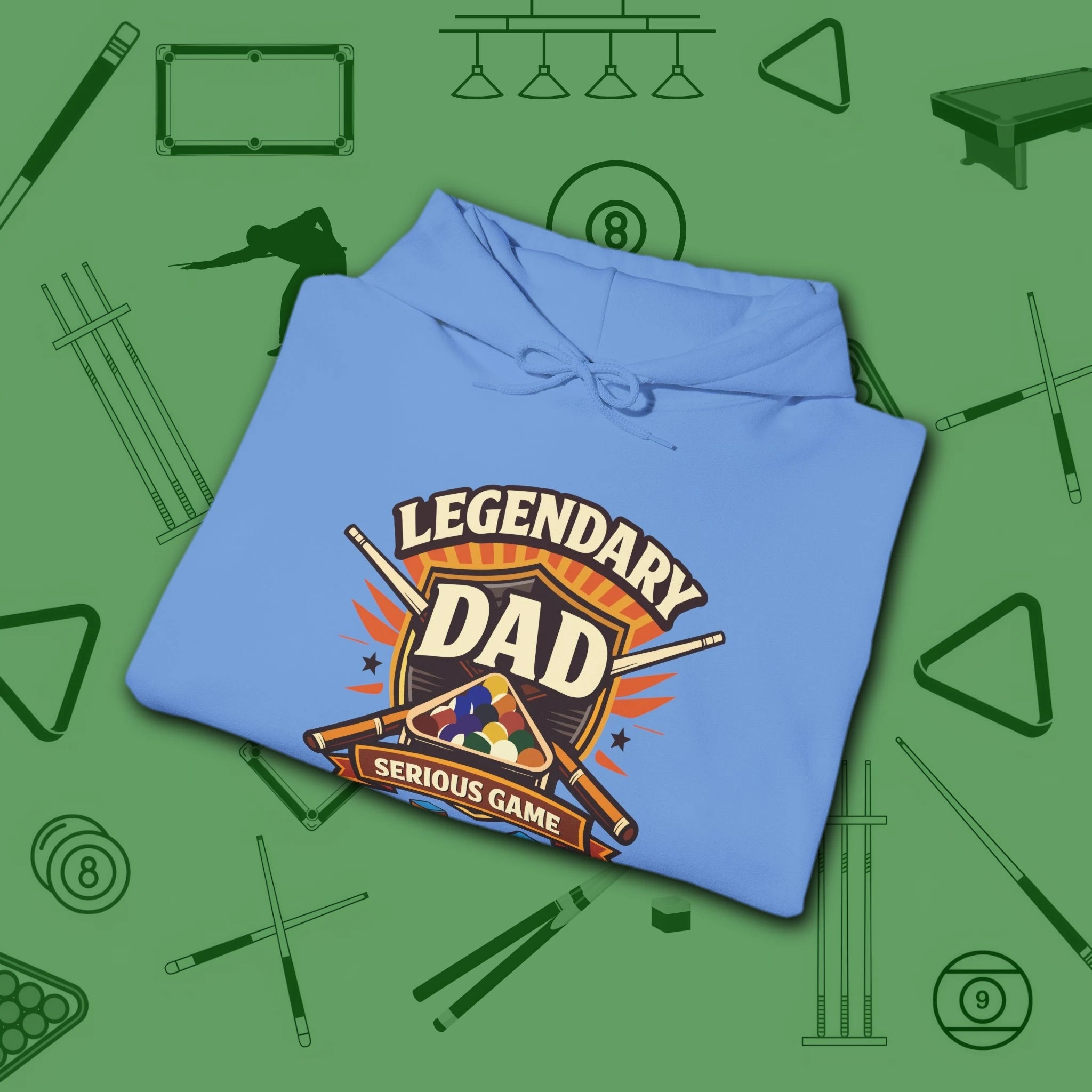 Legendary Dad Hoodie, in Carolina Blue color, billiards hoodie, folded view