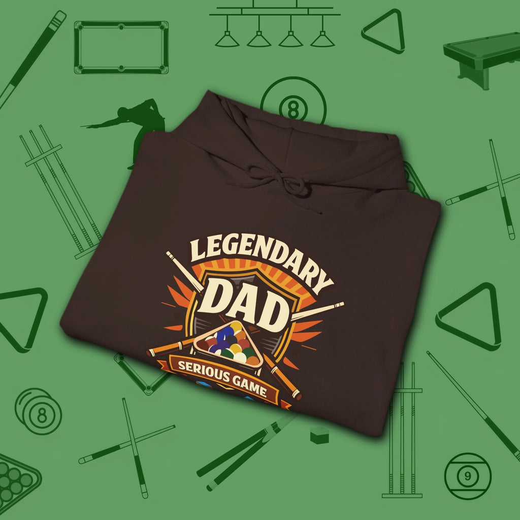 Legendary Dad Hoodie, in Dark Chocolate color, billiards hoodie, folded view