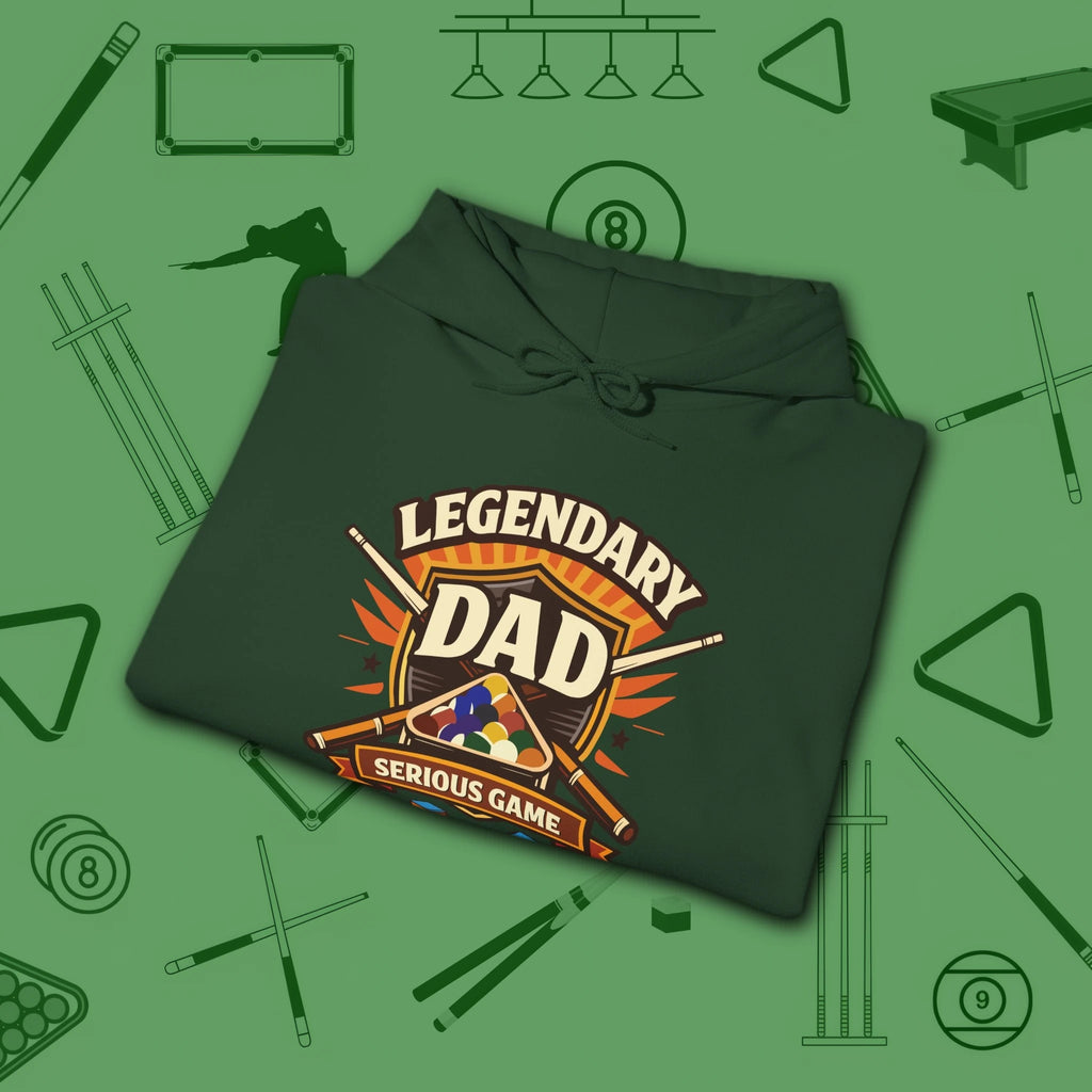 Legendary Dad Hoodie, in Forest Green color, billiards hoodie, folded view