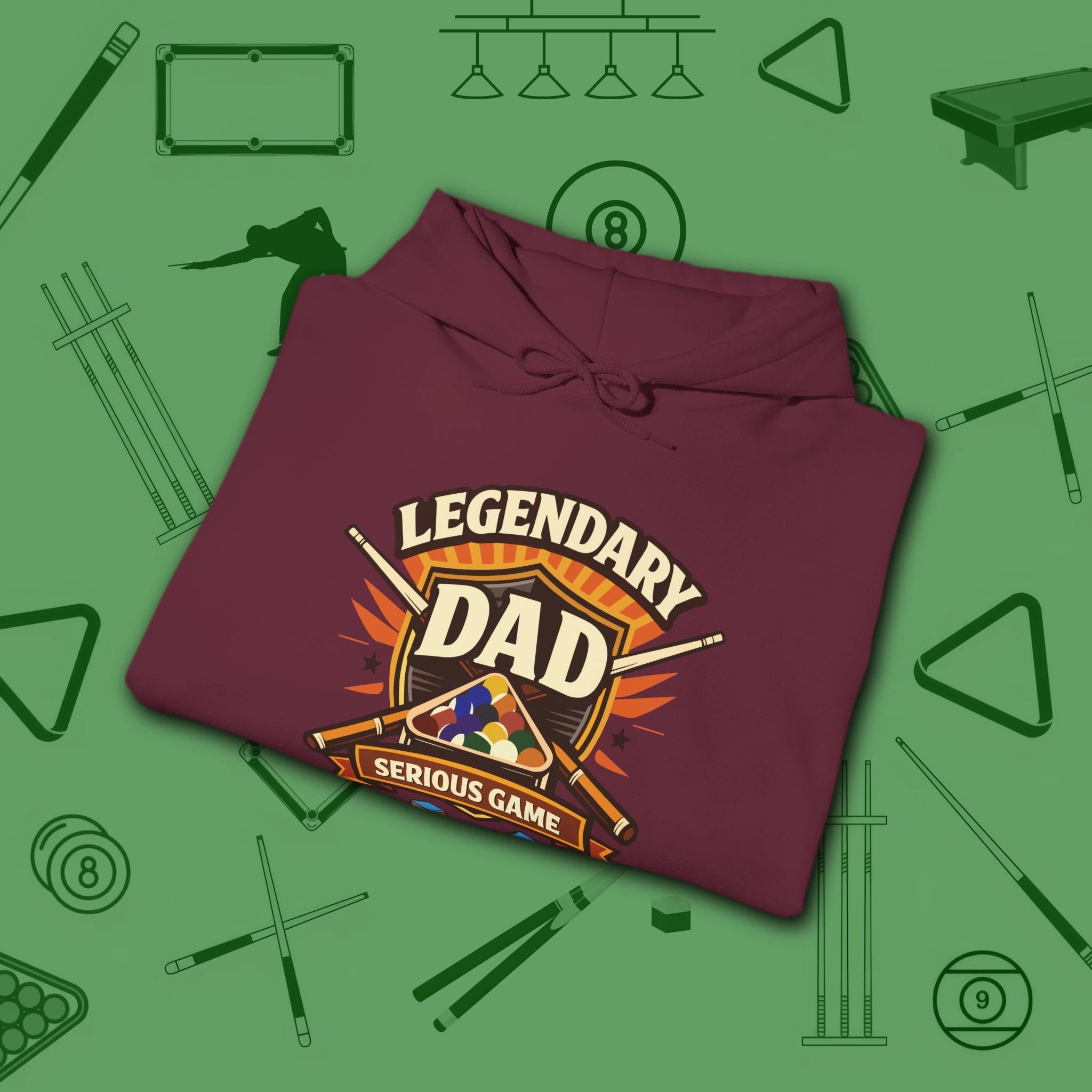 Legendary Dad Hoodie, in Maroon color, billiards hoodie, folded view