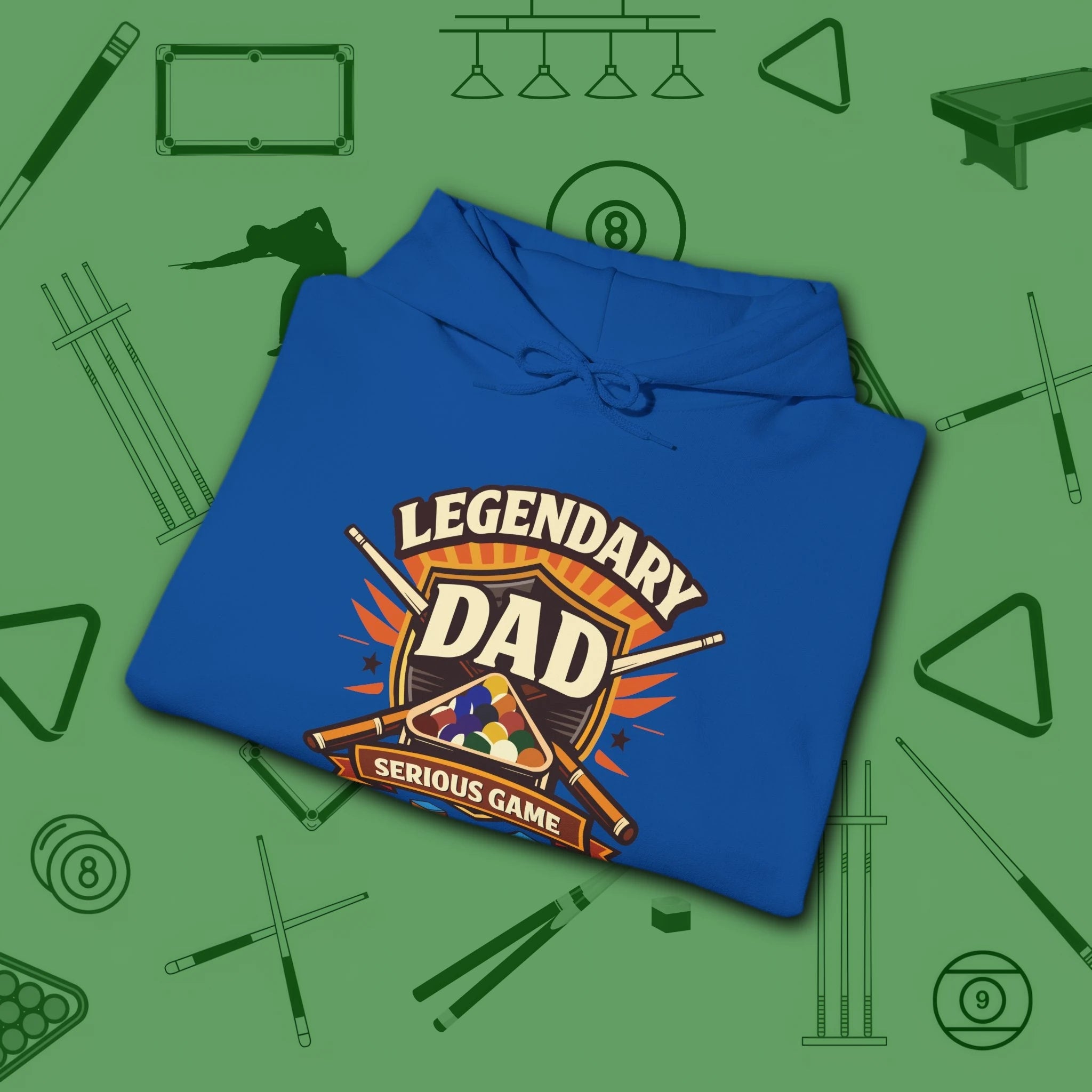 Legendary Dad Hoodie, in Royal color, billiards hoodie, folded view