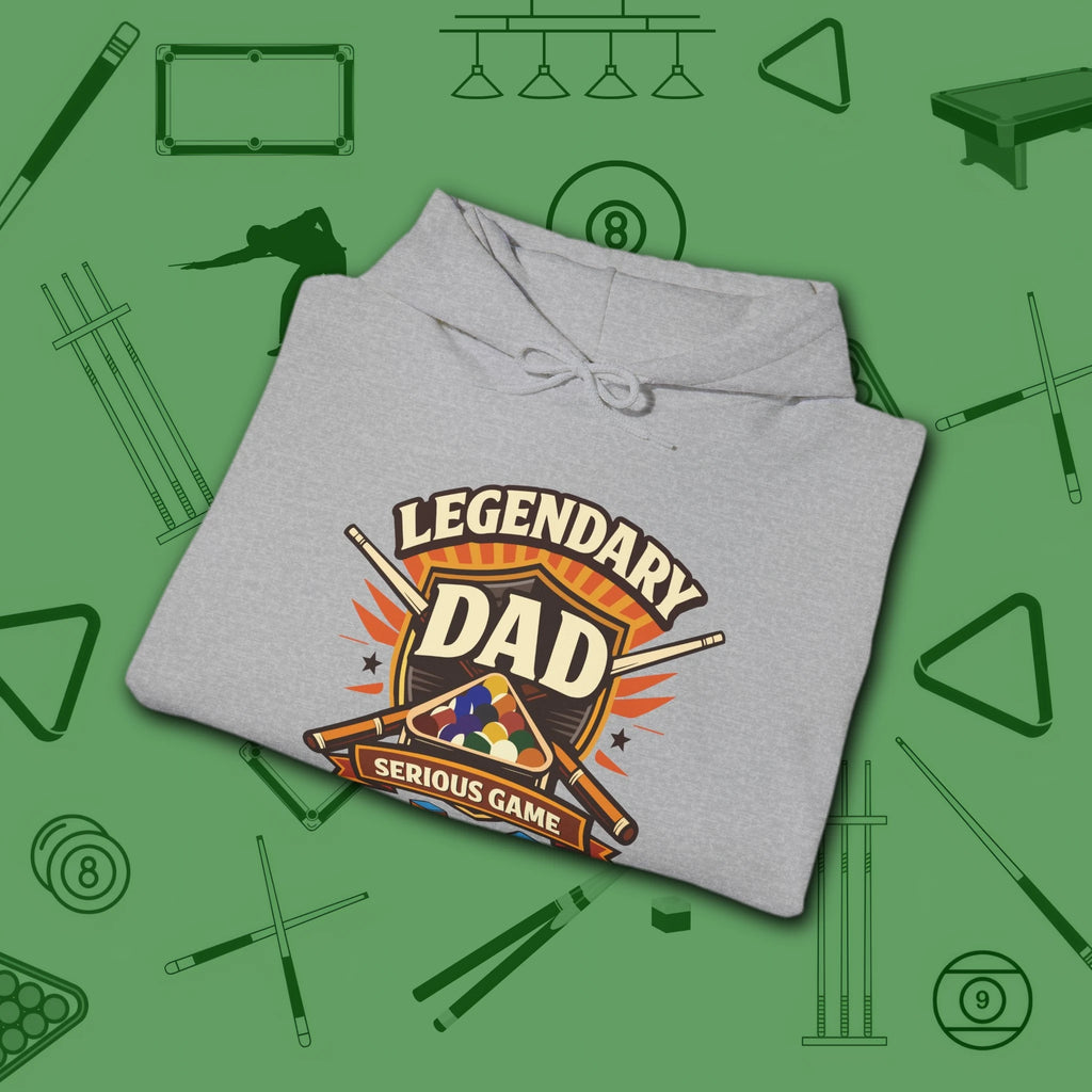Legendary Dad Hoodie, in Sport Grey color, billiards hoodie, folded view