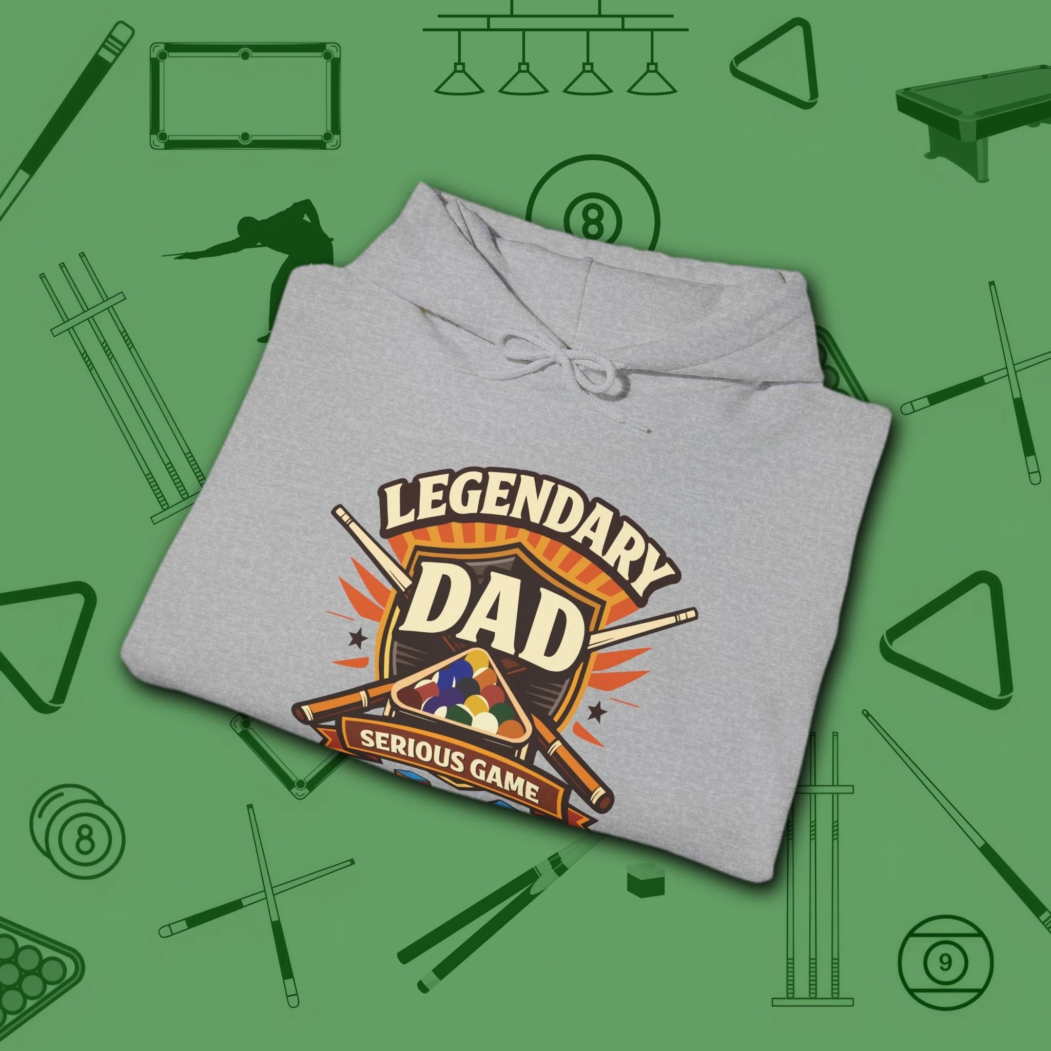 Legendary Dad Hoodie, in Sport Grey color, billiards hoodie, folded view