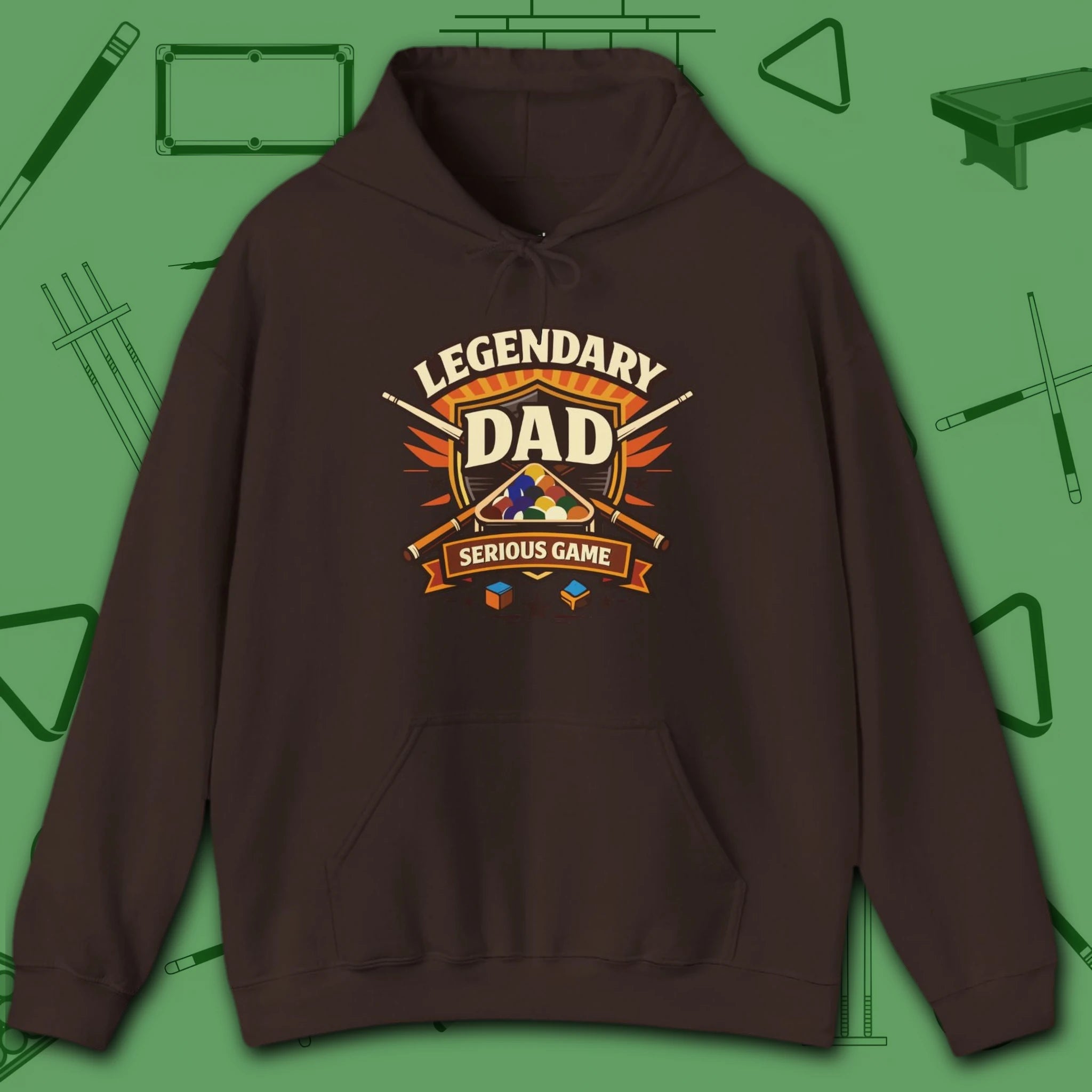 Legendary Dad Hoodie, in Dark Chocolate color, billiards hoodie, front view