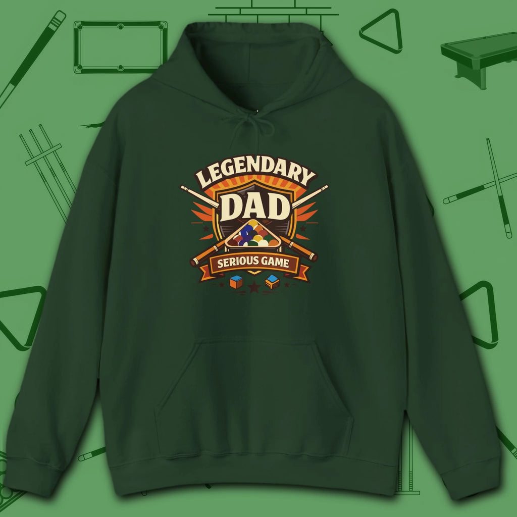 Legendary Dad Hoodie, in Forest Green color, billiards hoodie, front view
