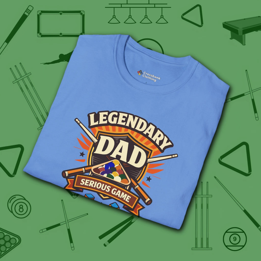 Legendary Dad T-Shirt, in Carolina Blue color, billiards shirt, folded view